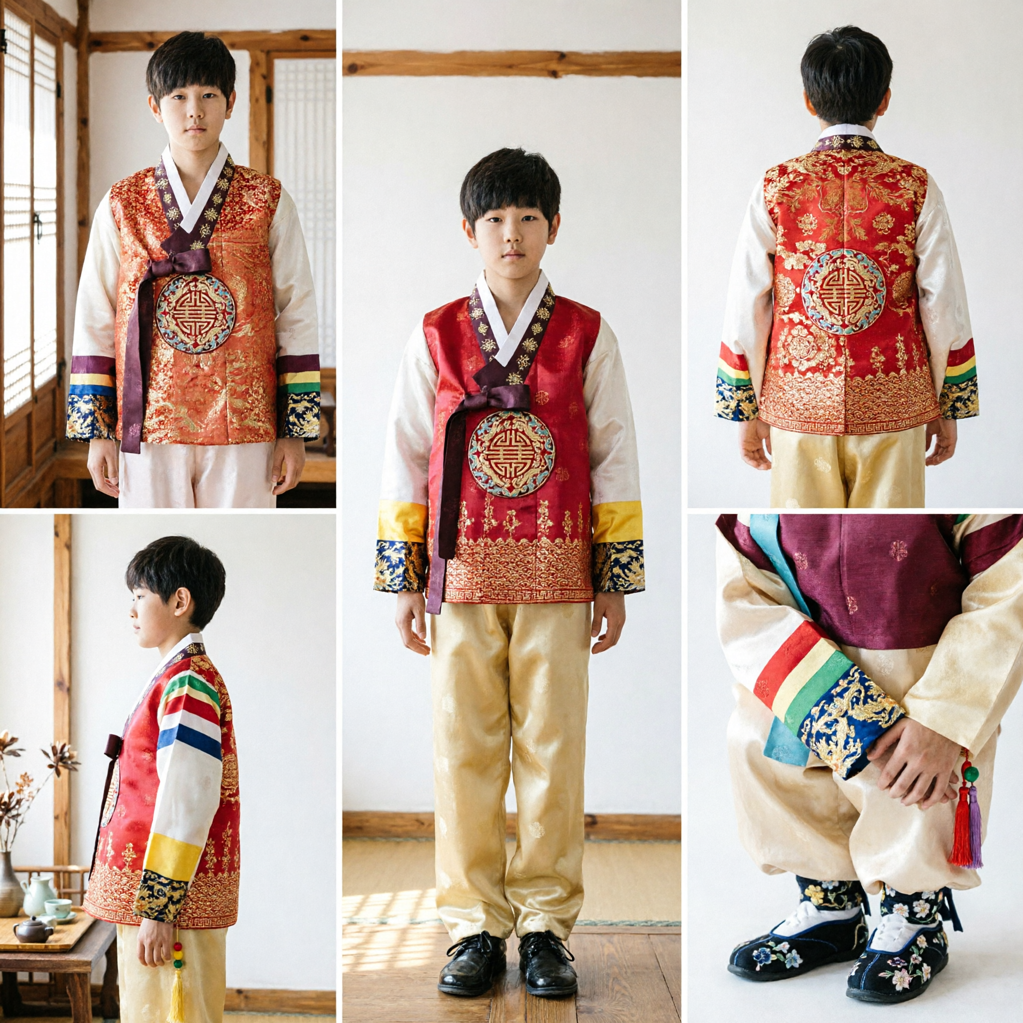 Boys Traditional Korean Hanbok Costume Set Gold Shirt and Red Patterned Vest for Weddings Holidays - Asian Costume