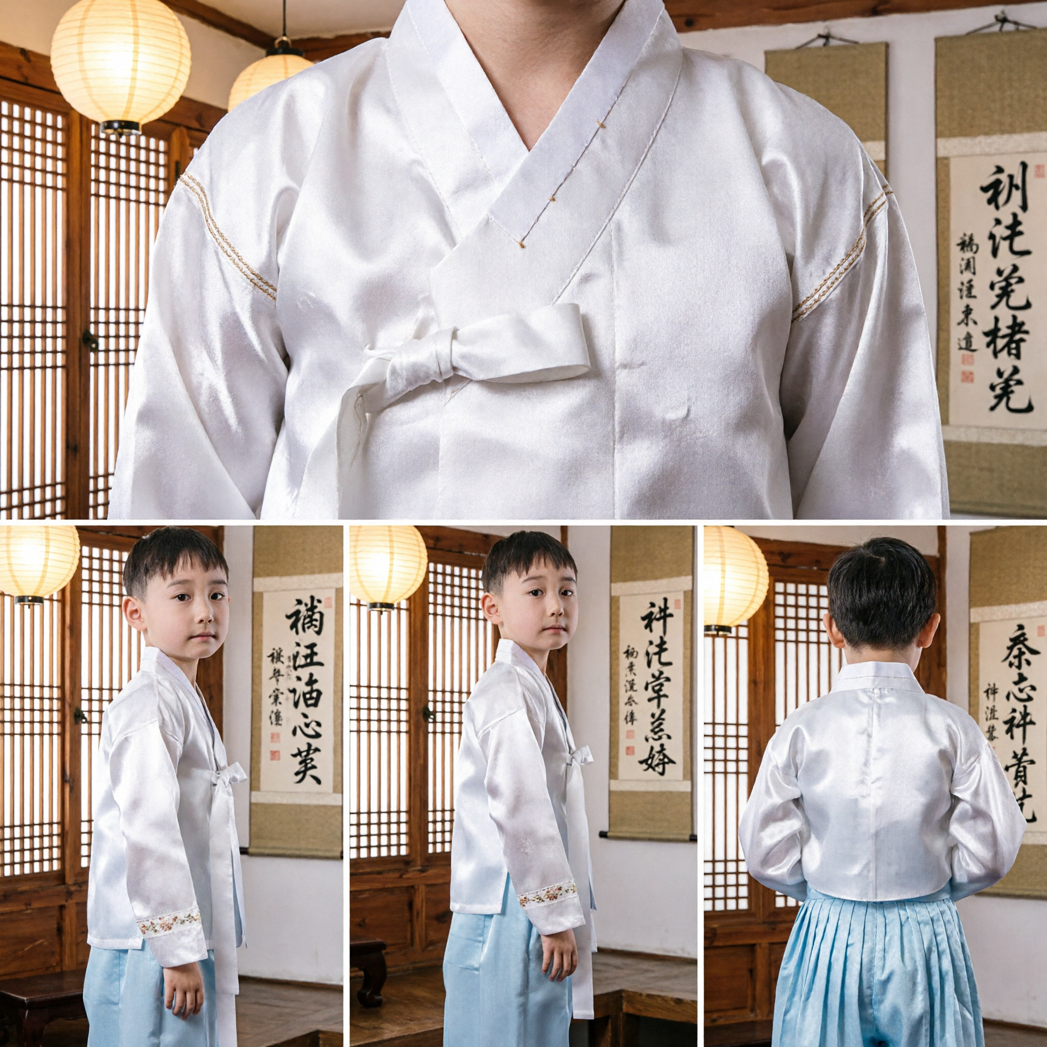 Boys White and Blue Korean Hanbok Traditional Silk Costume for Kids Formal Wedding or Birthday Party - Asian Costume
