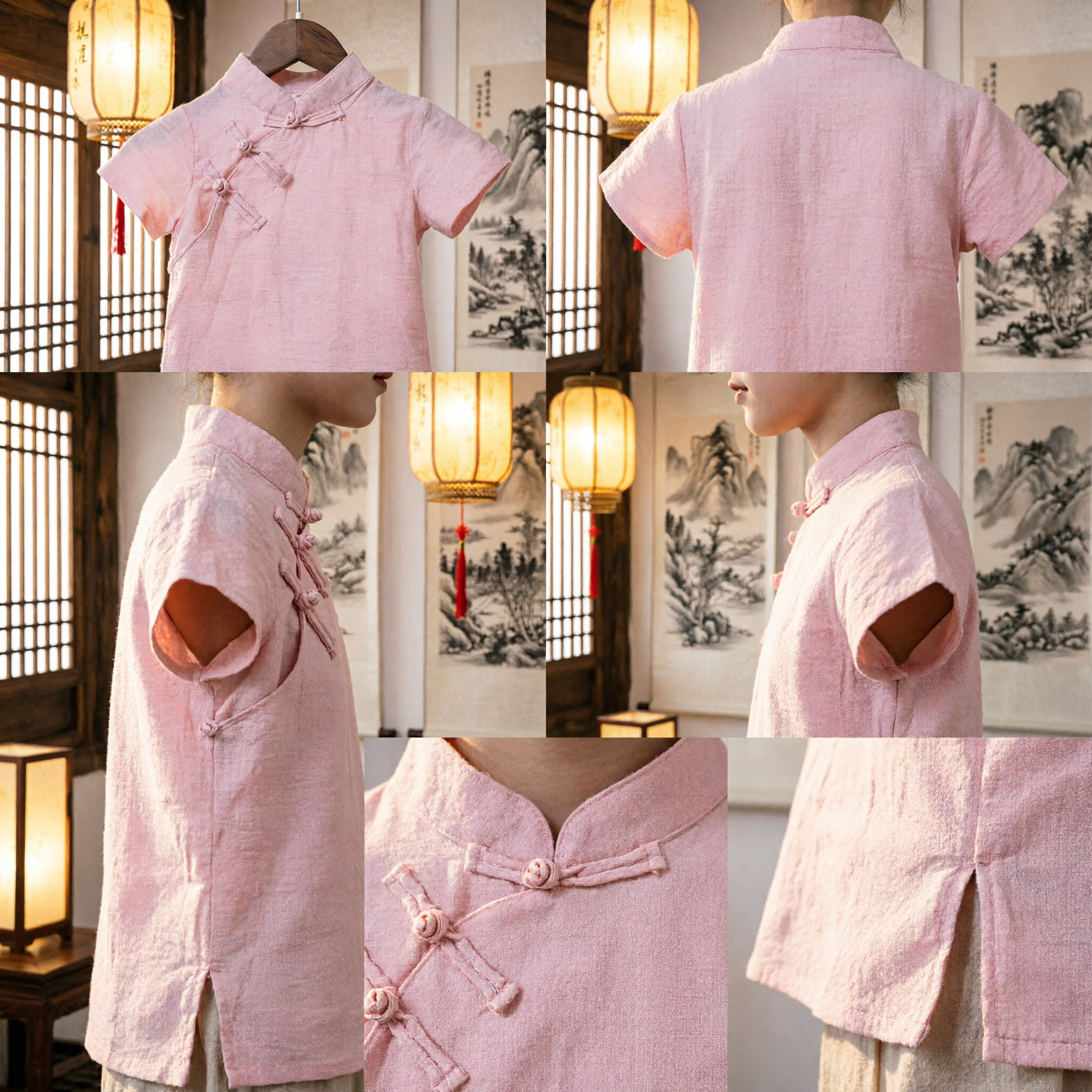 Girls Pink Traditional Chinese Tang Suit Top Linen Short Sleeve Blouse Summer Casual Wear - Asian Costume