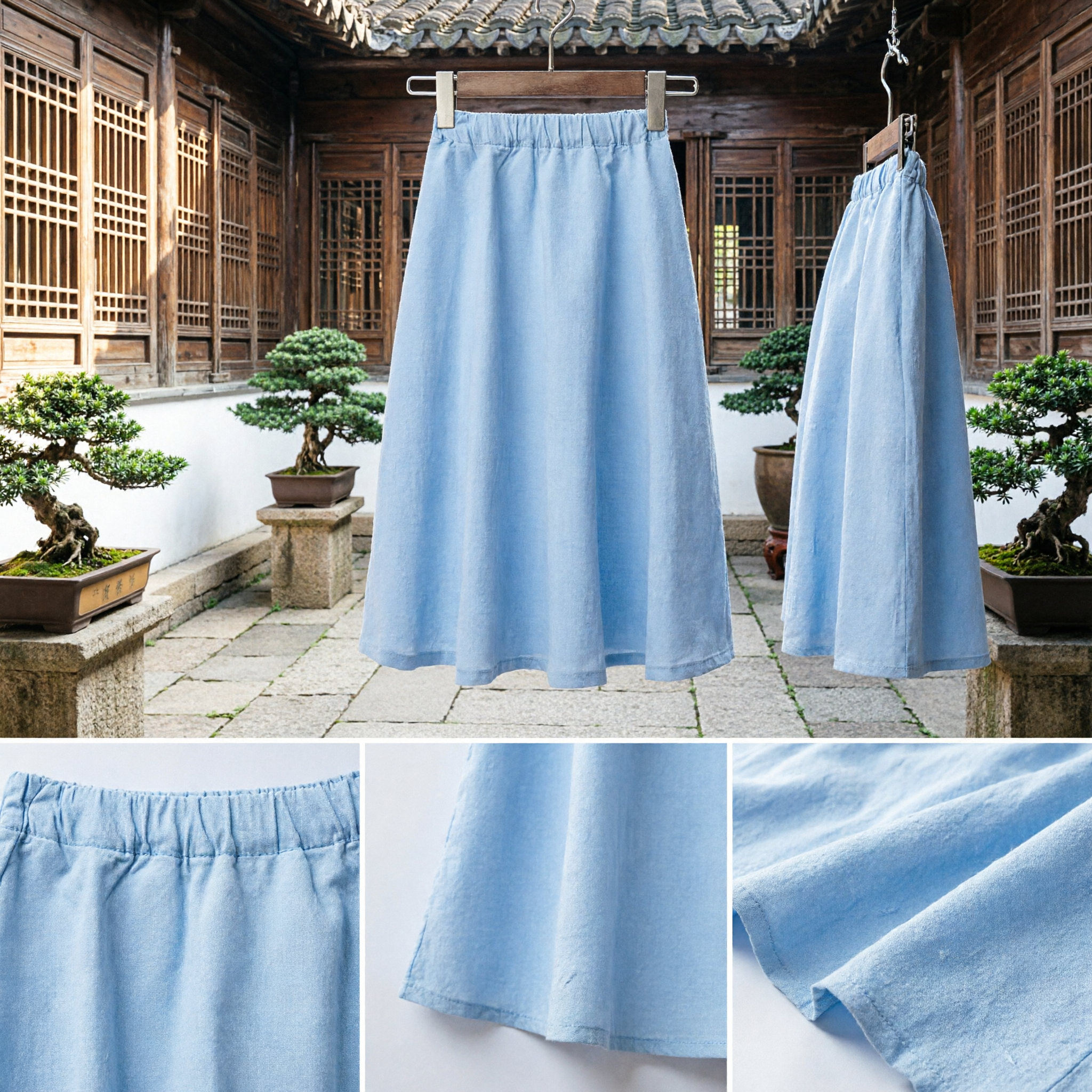Women's Traditional Chinese Hanfu Light Blue Skirt Elastic Waist Cotton A-Line Ancient Style Bottom for Daily Wear - Asian Costume