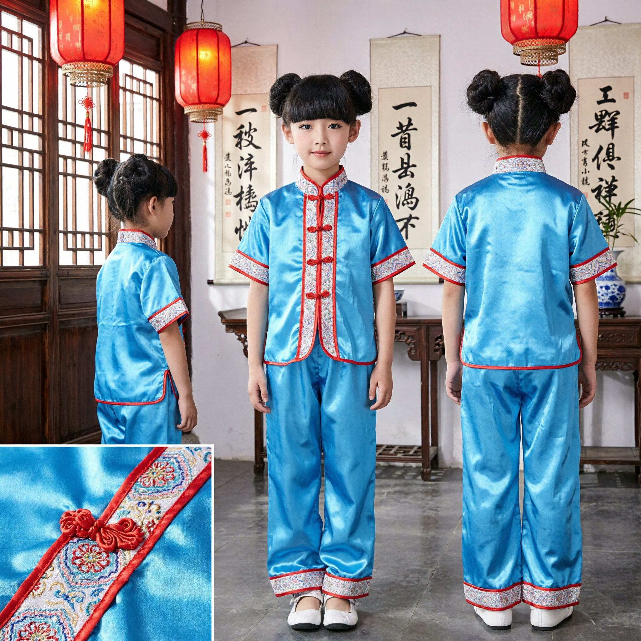 Girls Blue Chinese Traditional Kung Fu Suit Kids Tang Costume for Martial Arts Performance - Asian Costume
