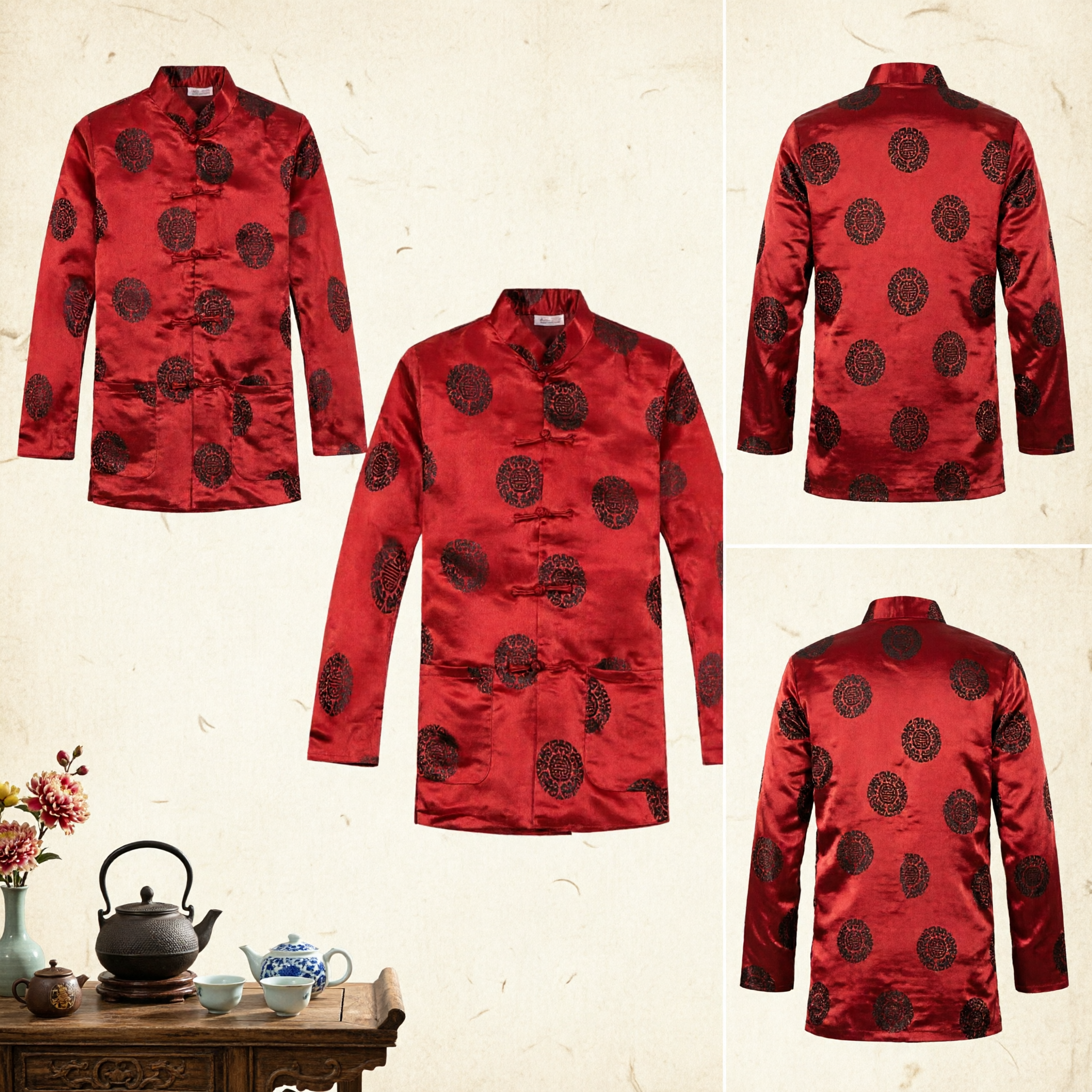 Men's Red Traditional Chinese Tang Suit Mandarin Collar Shirt Brocade Kung Fu Top for Wedding and Festival - Asian Costume