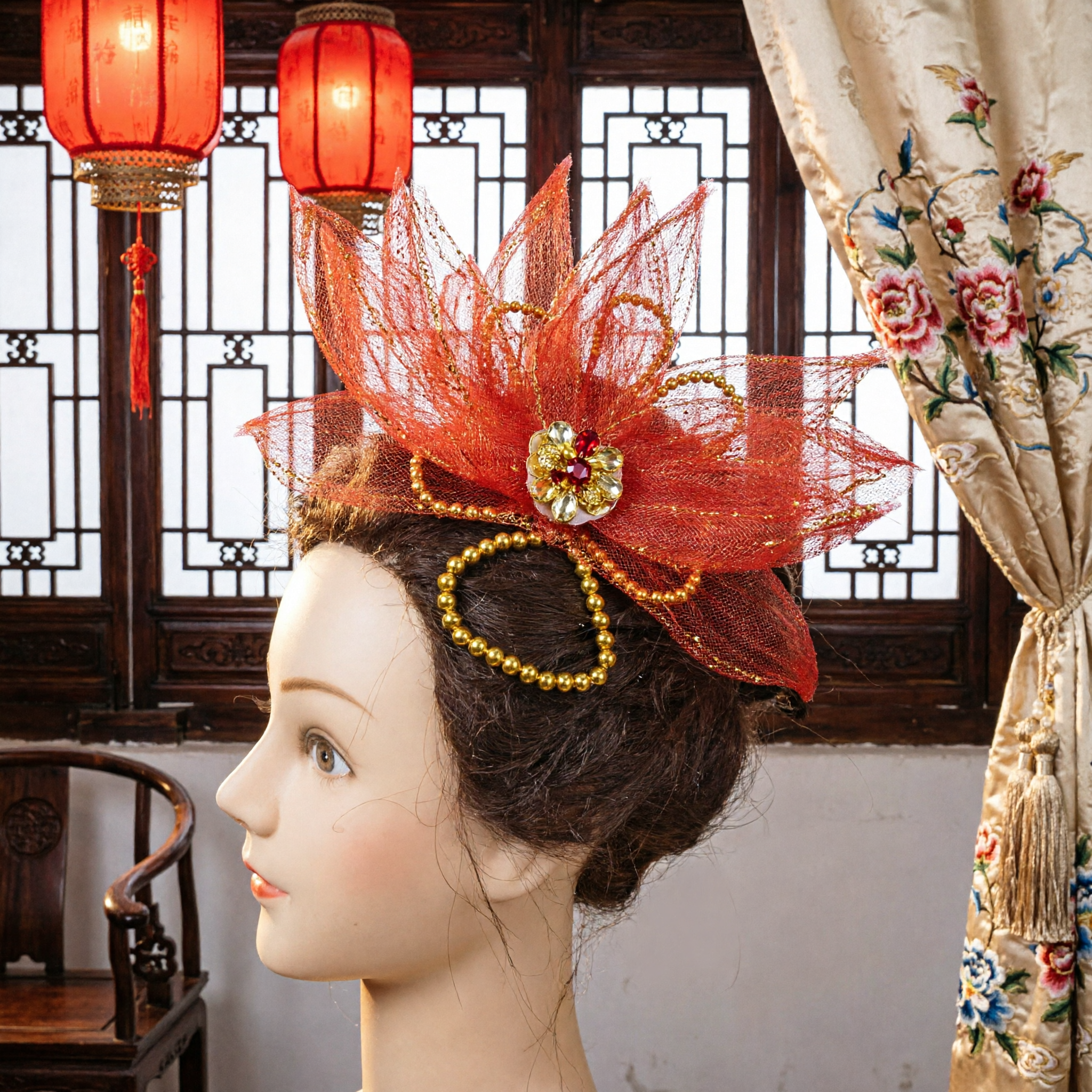 Large Red Lotus Flower Hair Accessory with Gold Beads for Chinese Traditional Dance Performance Women - Asian Costume