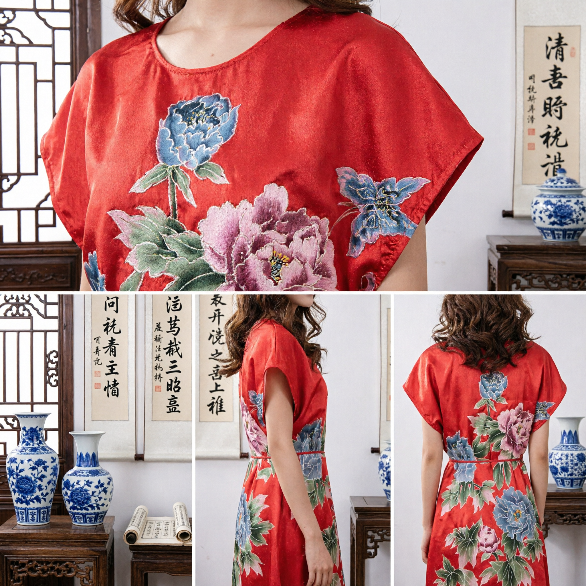 Women's Red Floral Print Chinese Style Qipao Dress Casual Summer Loose Fit Traditional Peony Clothing - Asian Costume
