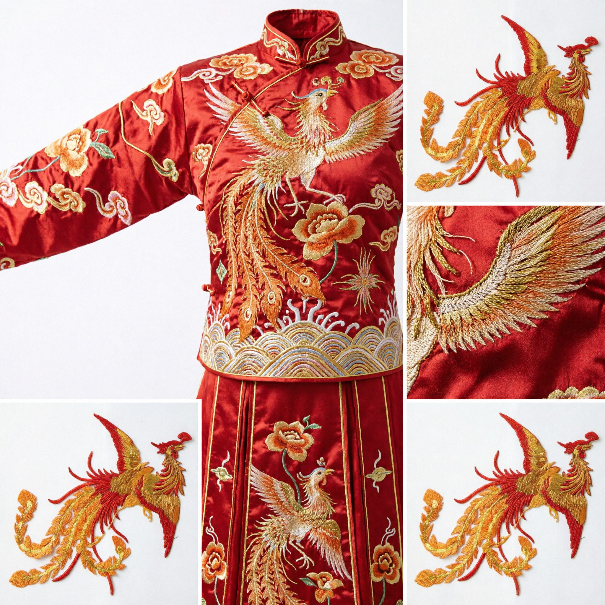 Traditional Chinese Phoenix Embroidered Patch Red Gold Fenghuang Applique for Hanfu Qipao Costume DIY Craft Accessory - Asian Costume