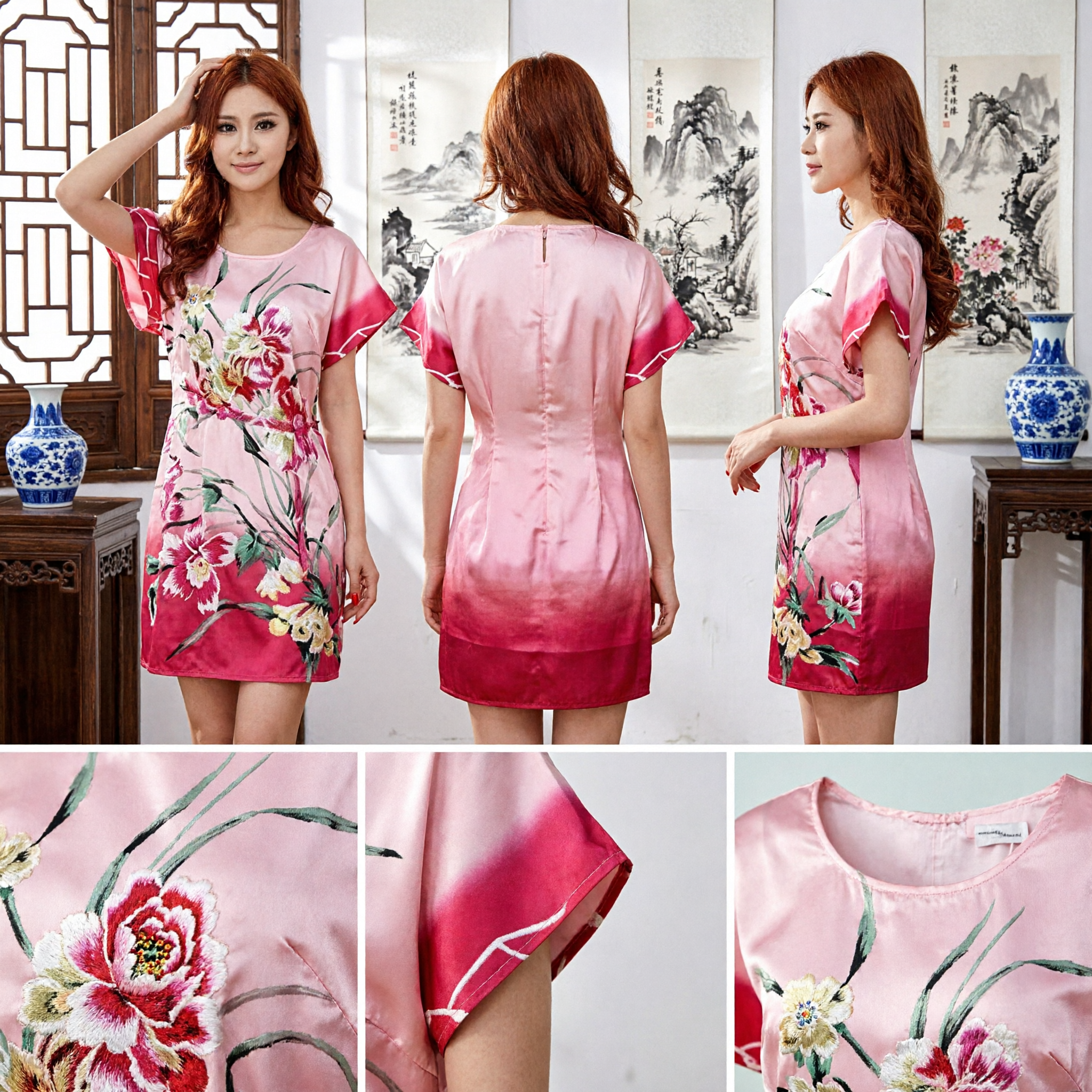 Women's Pink Floral Silk Nightgown Chinese Qipao Style Short Sleeve Sleepwear Loungewear Dress - Asian Costume