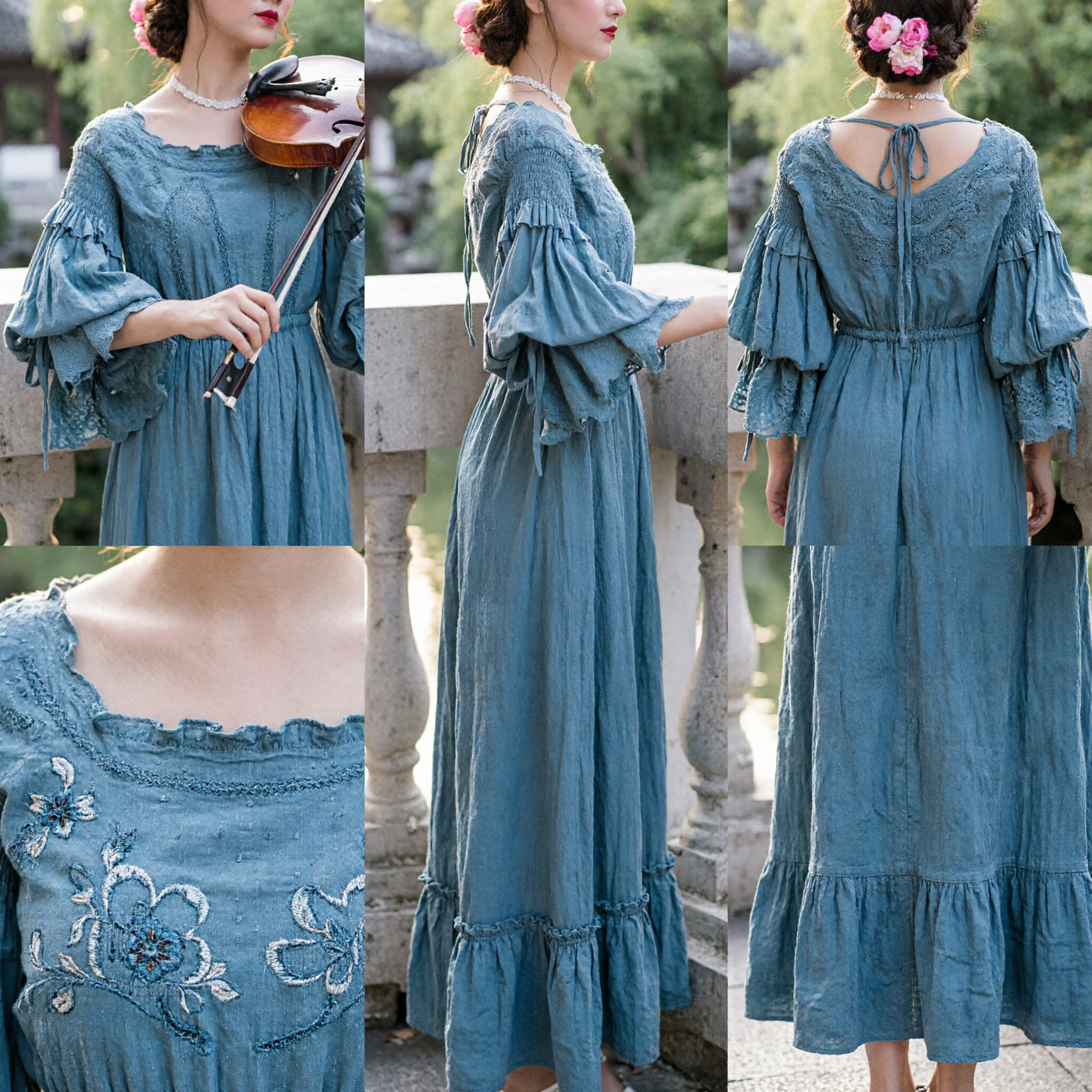 Elegant Blue Lace Traditional Chinese Dress Bell Sleeve Hanfu Style Gown for Women Summer Performance - Asian Costume