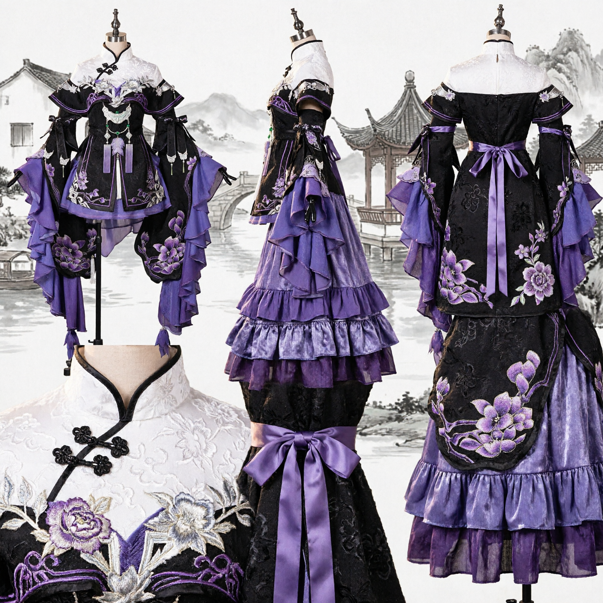 Exquisite Purple Black Chinese Hanfu Traditional Ancient Costume Fantasy Embroidered Dress for Women Cosplay - Asian Costume