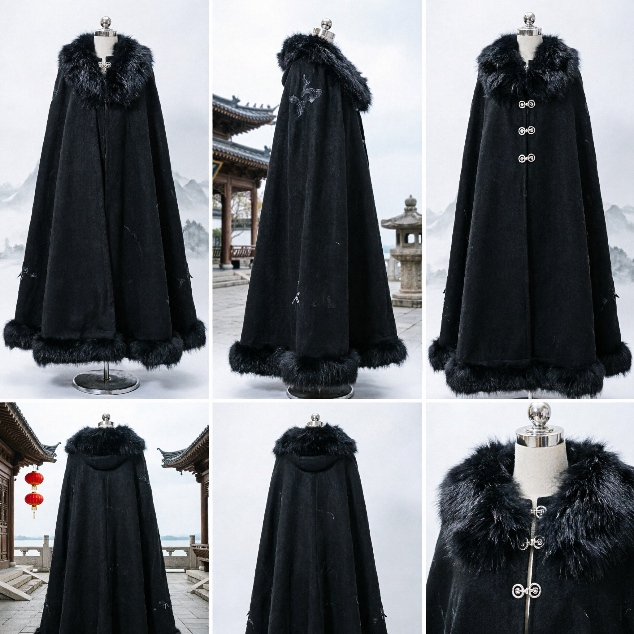 Traditional Chinese Black Winter Cloak with Fur Trim Ancient Hanfu Cape for Cosplay and Historical Reenactment - Asian Costume