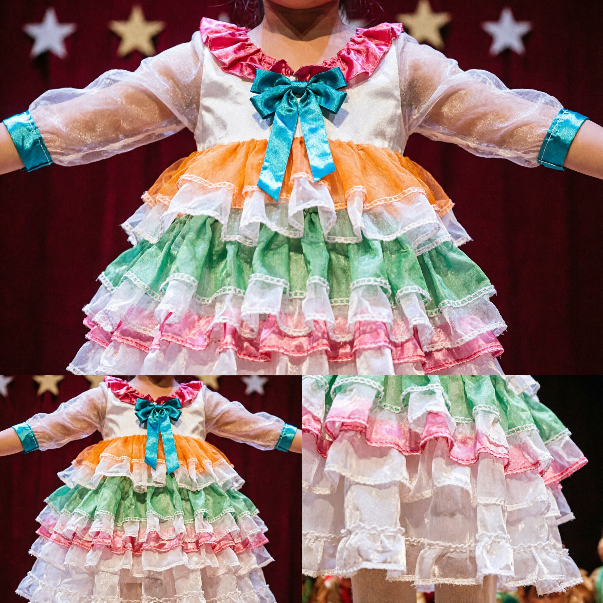 Girls Colorful Tiered Ruffle Dance Costume for Stage Performance School Recital and Folk Festival Outfit - Asian Costume