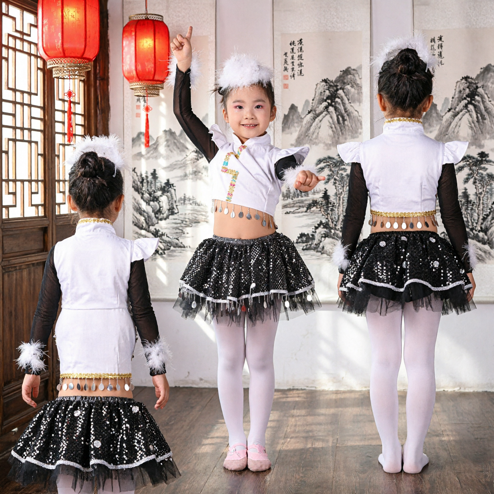 Girls Modern Ethnic Dance Costume White Crop Top Black Sequin Skirt Stage Performance Outfit Set - Asian Costume