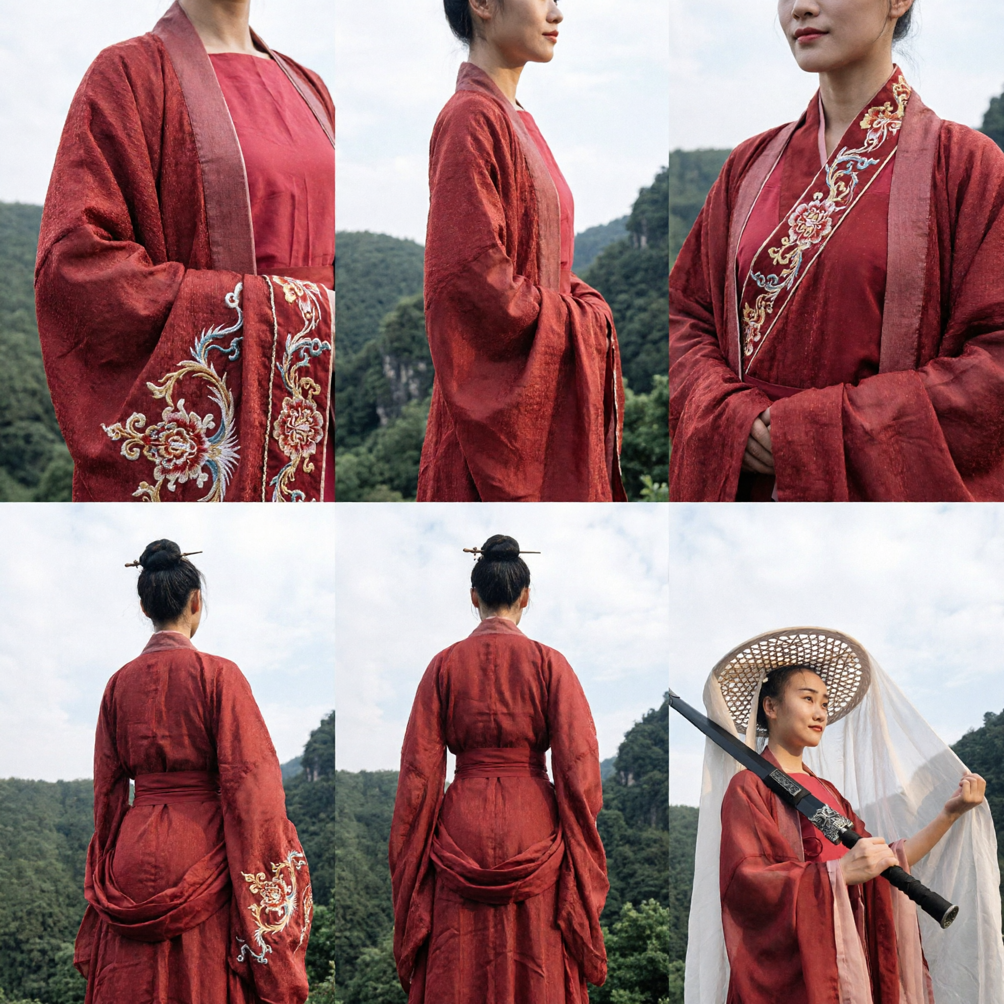 Traditional Chinese Ancient Swordswoman Costume Red Hanfu Robe with Bamboo Hat and Veil for Women Cosplay - Asian Costume