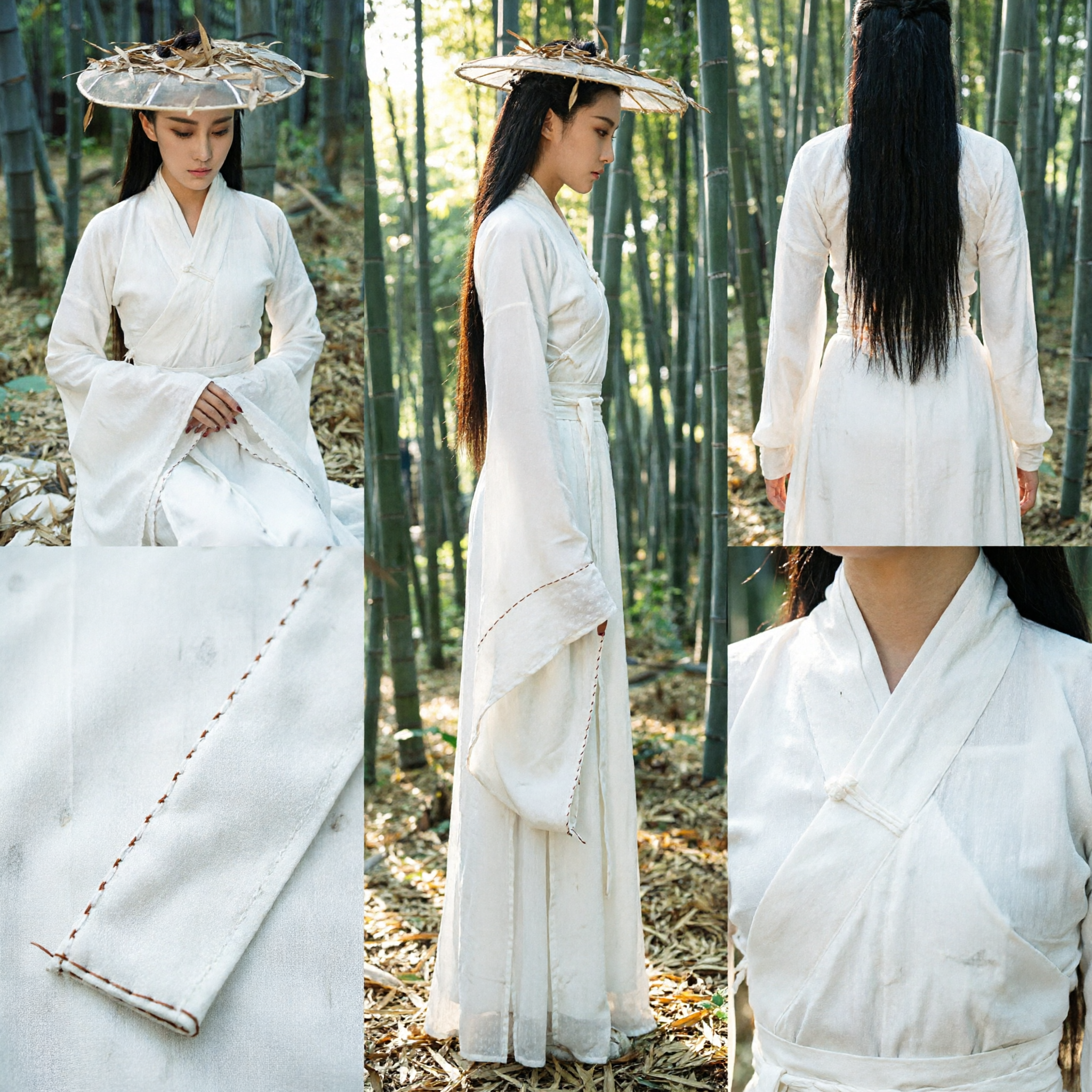 Ancient Traditional Chinese White Hanfu Swordswoman Costume with Bamboo Hat for Women Wuxia Cosplay Photography - Asian Costume