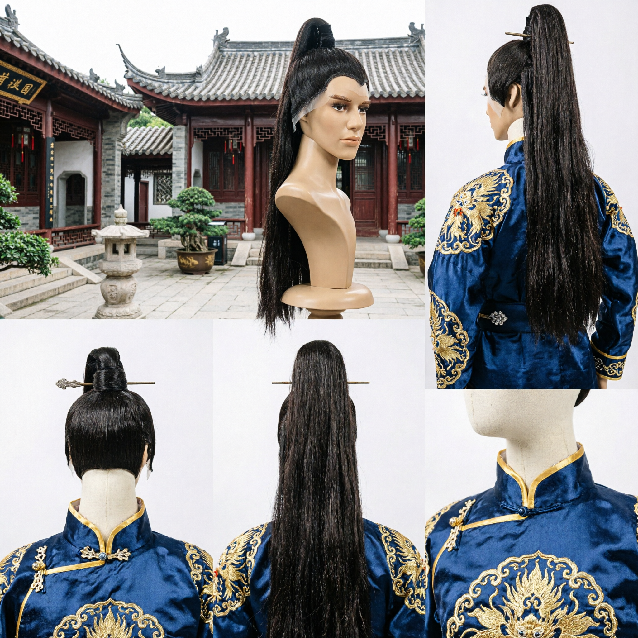 Traditional Ancient Chinese Men's Wig Black Long Hair Topknot for Hanfu Cosplay Swordsman Costume - Asian Costume