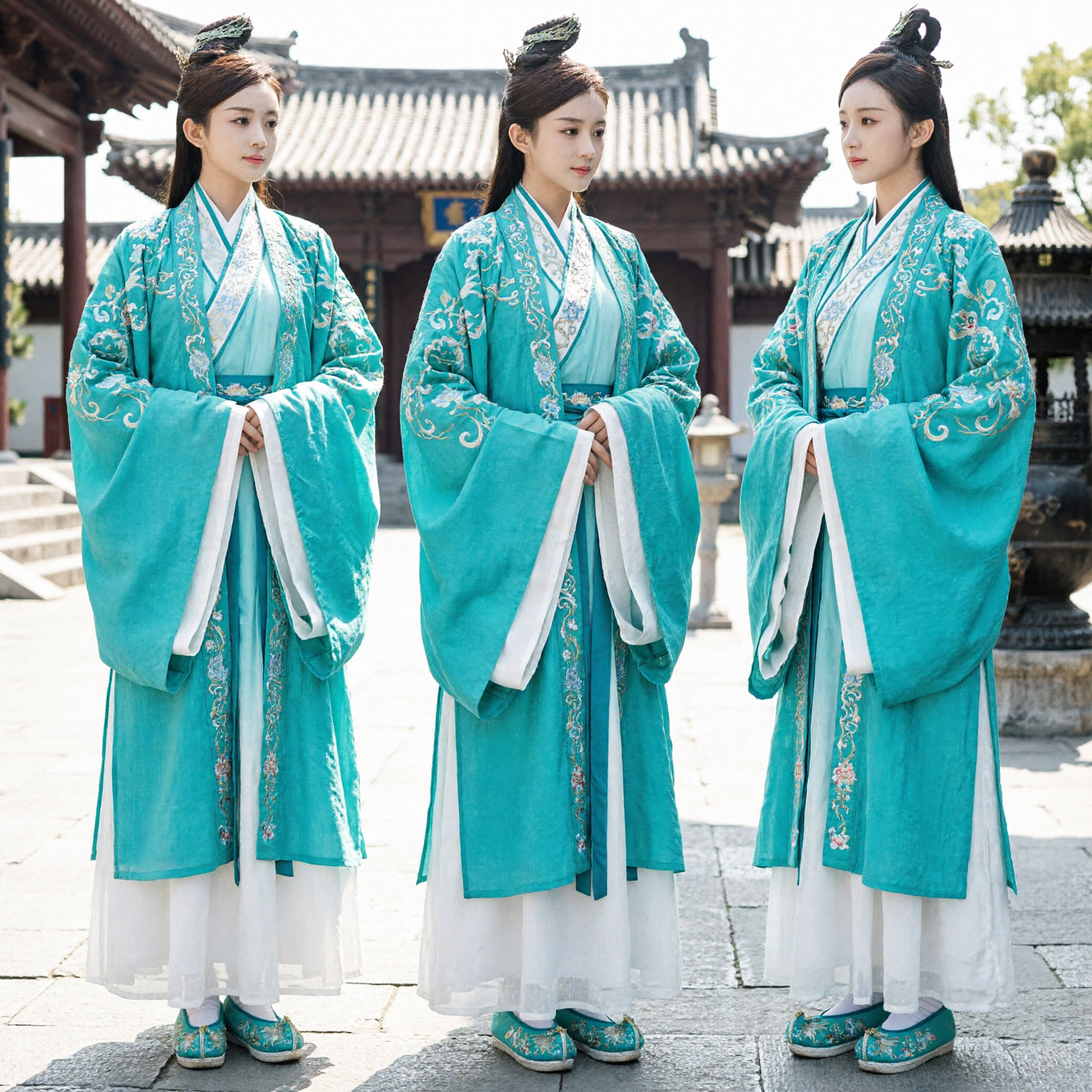 Ancient Chinese Teal Hanfu Costume Women's Embroidered Robe Traditional Wuxia Princess Cosplay Dress - Asian Costume