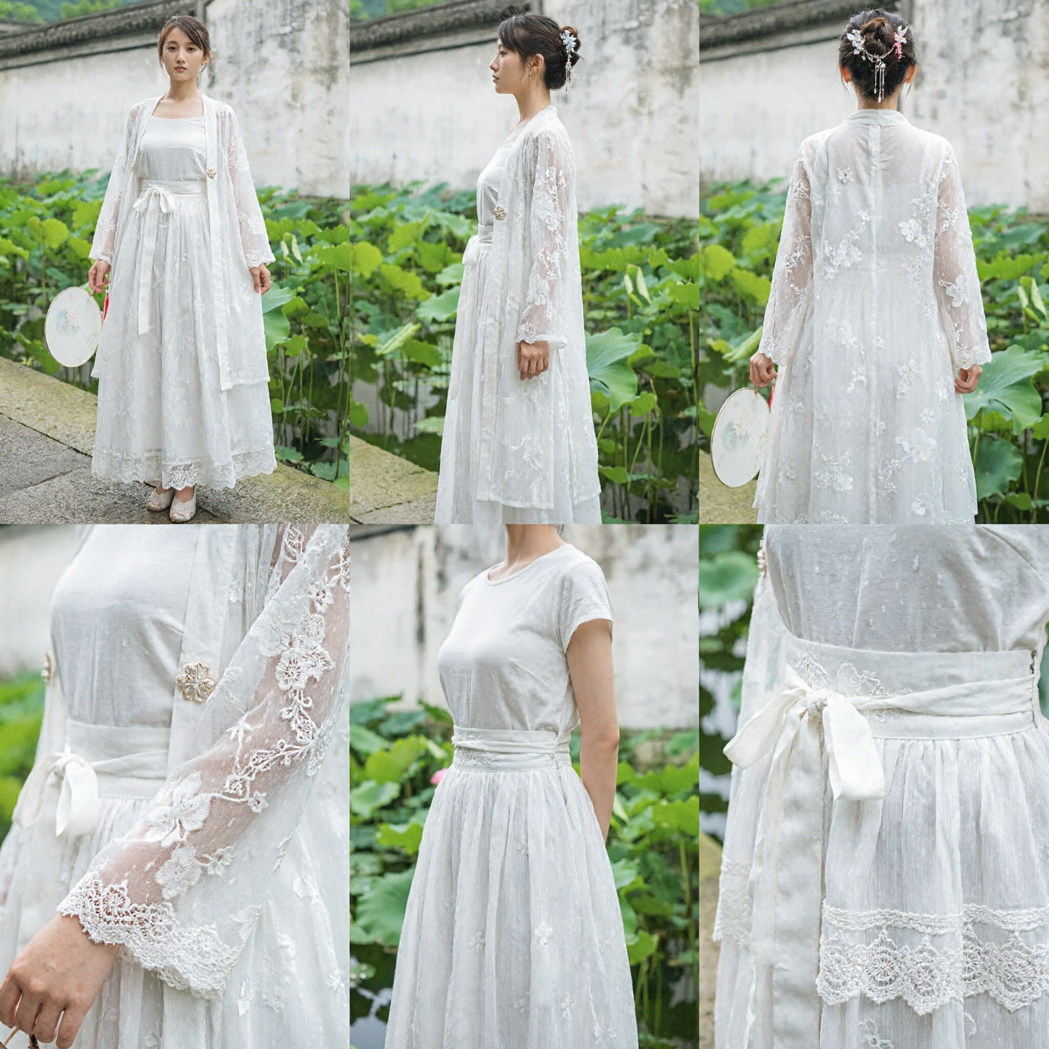 Elegant White Hanfu Traditional Chinese Costume for Women Fairy Style Lace Outerwear Summer Dress Set - Asian Costume