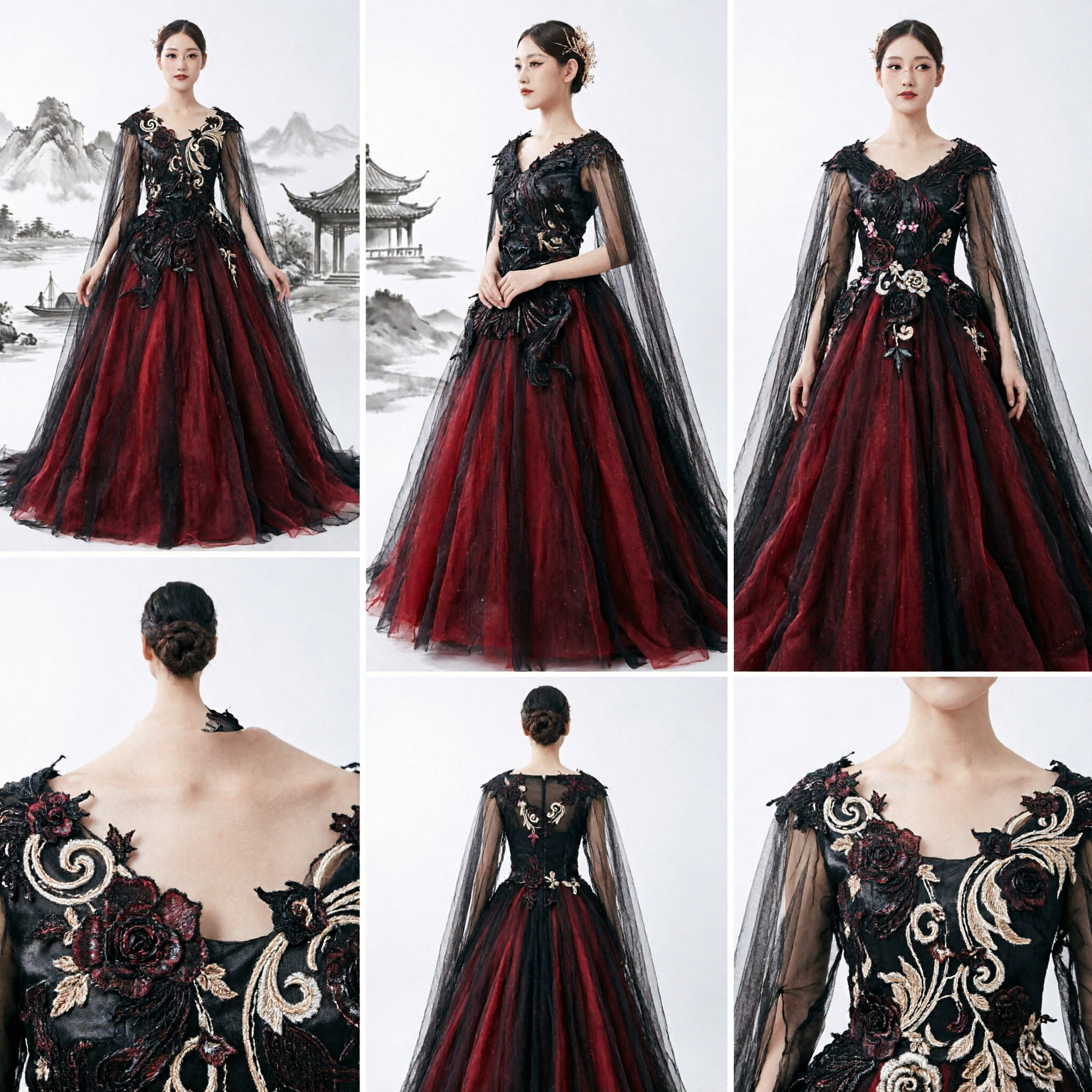 Dramatic Gothic Red and Black Ballgown with Sheer Cape for Dark Fantasy Weddings or Stage Performances - Asian Costume