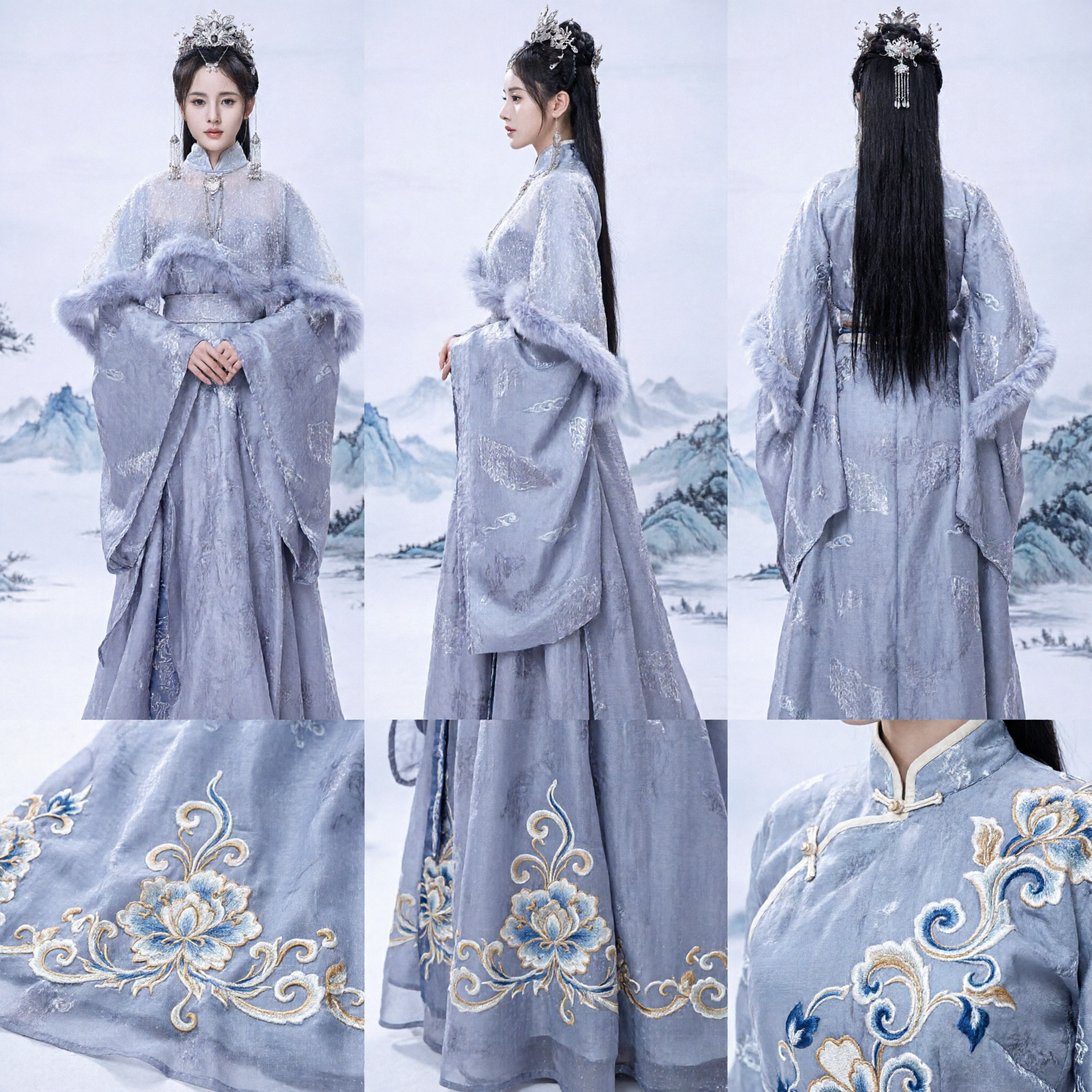 Elegant Light Blue Ancient Chinese Fairy Hanfu Costume with Fur Trim for Women Cosplay and Stage Performance - Asian Costume