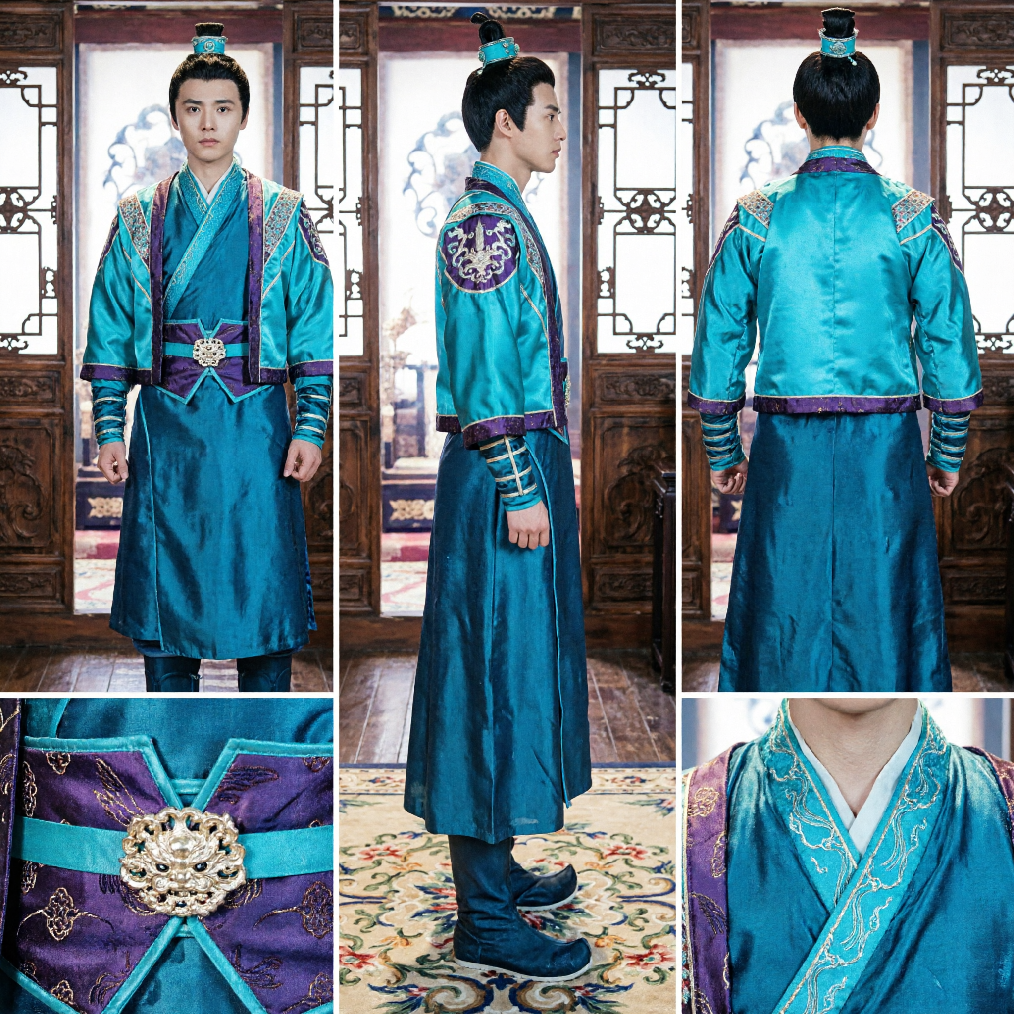 Men's Teal Chinese Wuxia Martial Arts Costume Traditional Swordsman Hanfu Outfit for Cosplay - Asian Costume