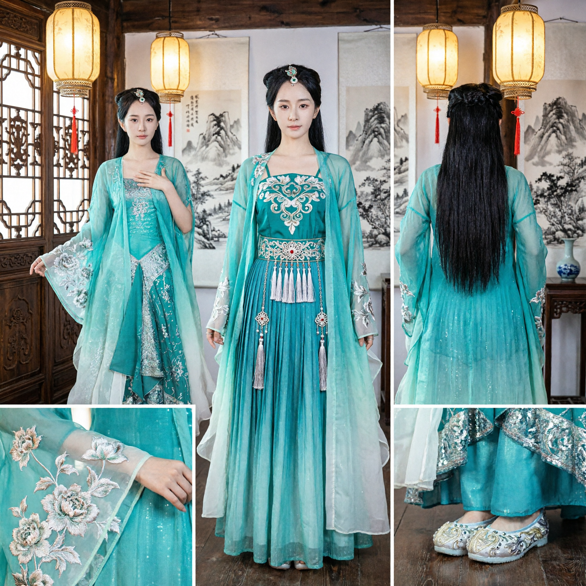 Traditional Chinese Ancient Hanfu Costume Blue Green Embroidered Fairy Dress for Women Cosplay Performance - Asian Costume