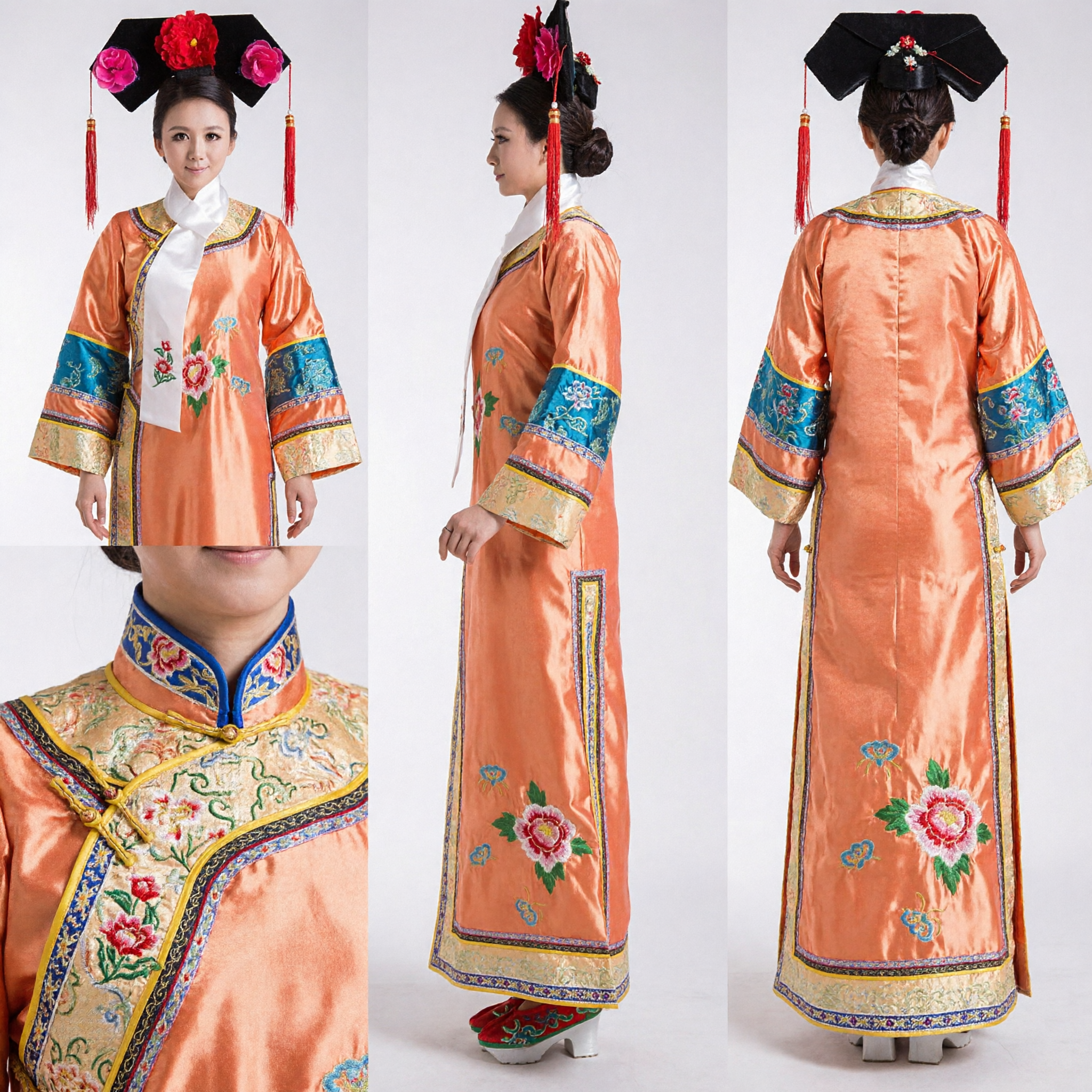 Traditional Chinese Qing Dynasty Empress Costume Orange Manchu Robe with Floral Headdress for Women Cosplay Performance - Asian Costume