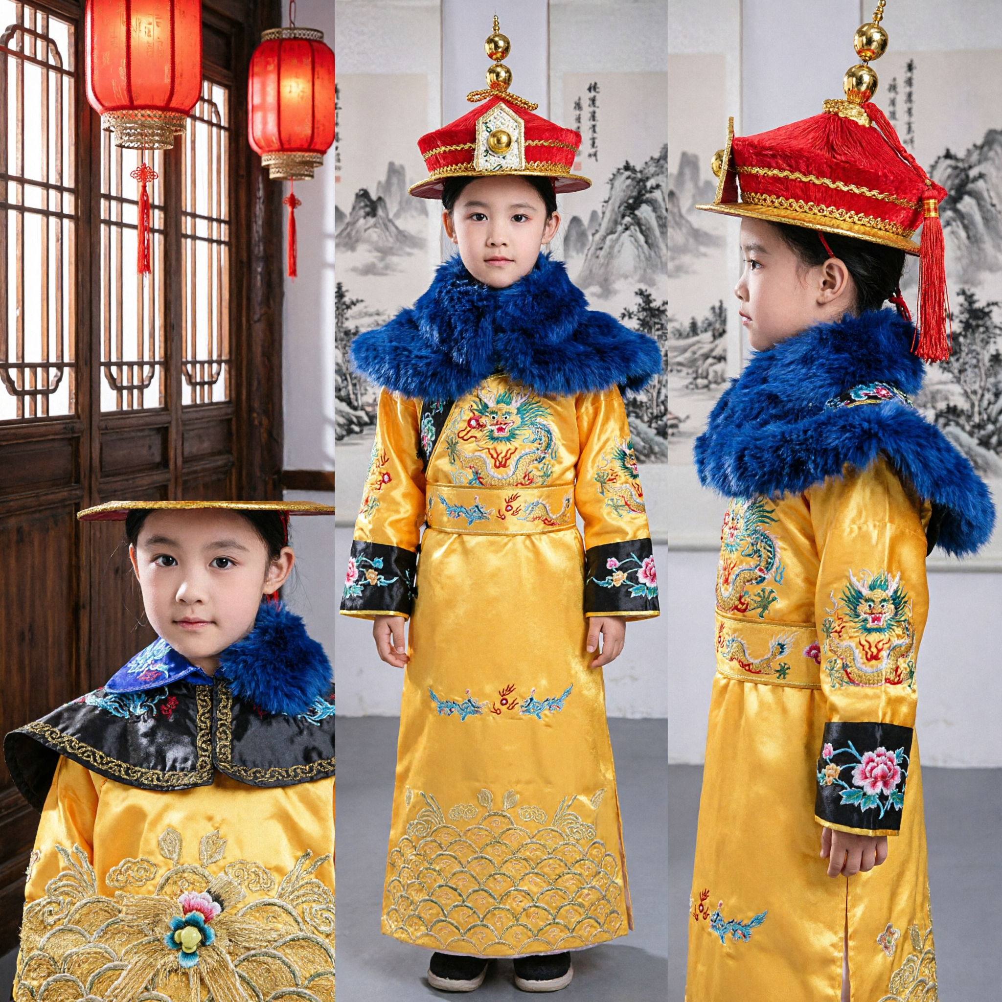 Boys Traditional Chinese Emperor Costume Qing Dynasty Yellow Dragon Robe with Hat for Stage Performance - Asian Costume