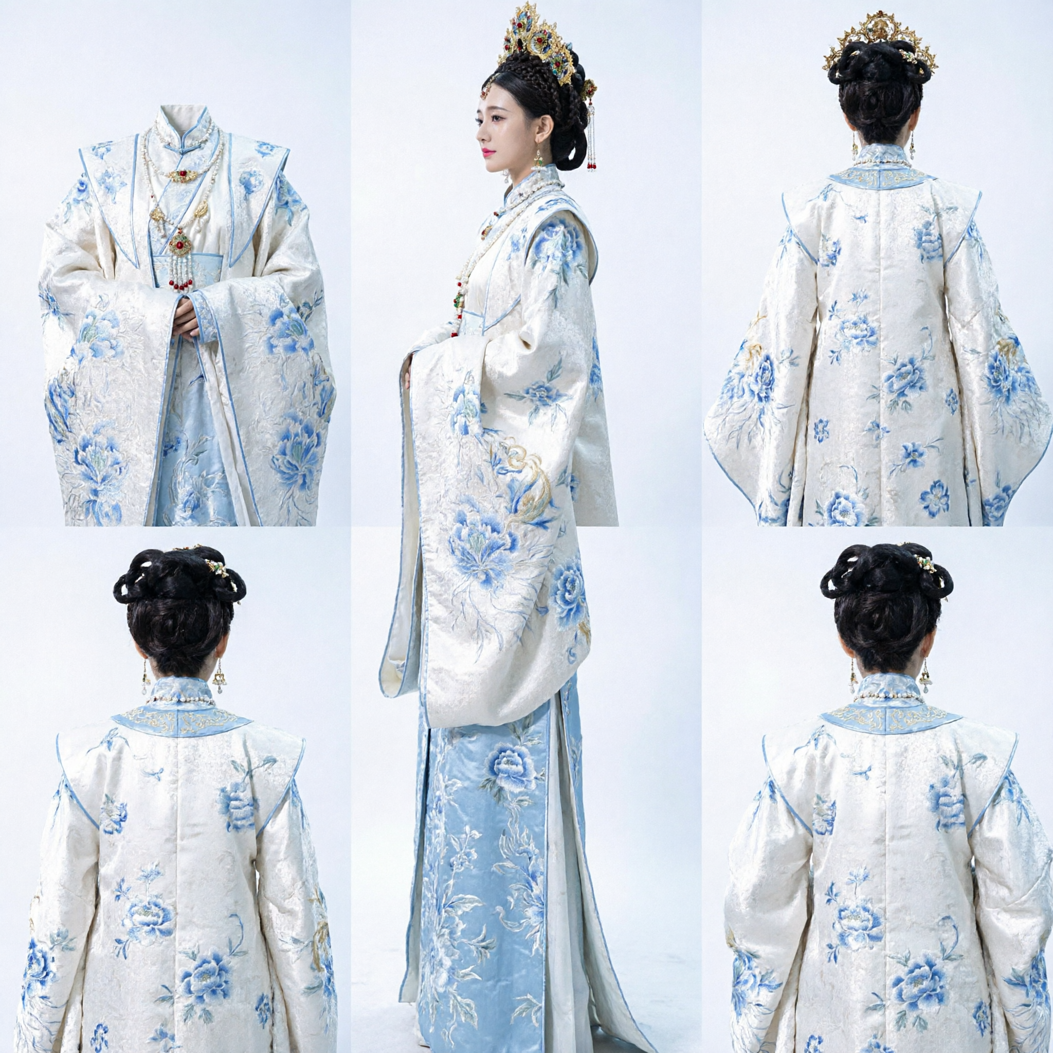 Elegant White and Blue Embroidered Ancient Chinese Princess Hanfu Costume Set with Headdress for Women Cosplay Performance - Asian Costume