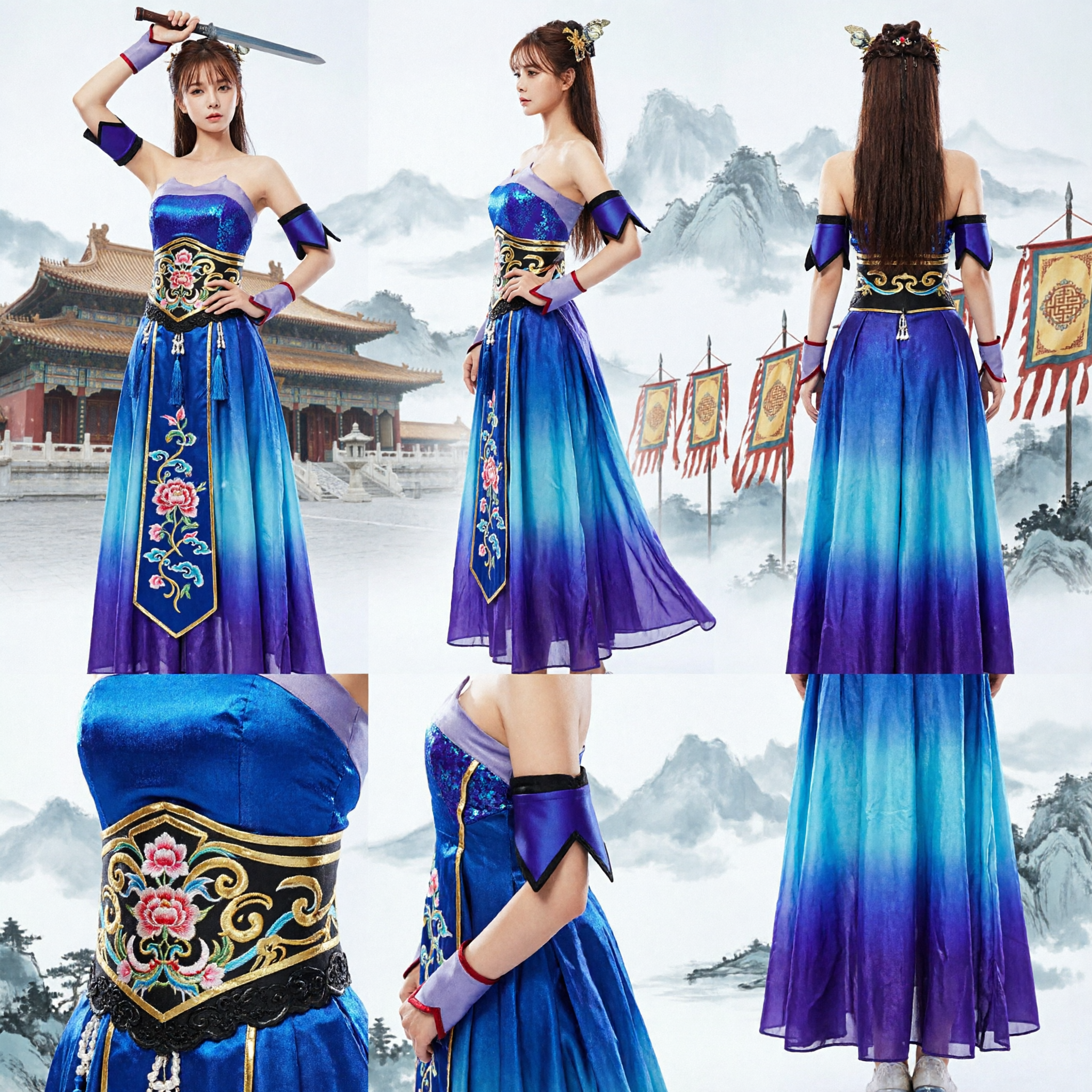 Ancient Chinese Blue Swordswoman Costume Women Wuxia Fantasy Warrior Dress for Cosplay Halloween Party Performance - Asian Costume