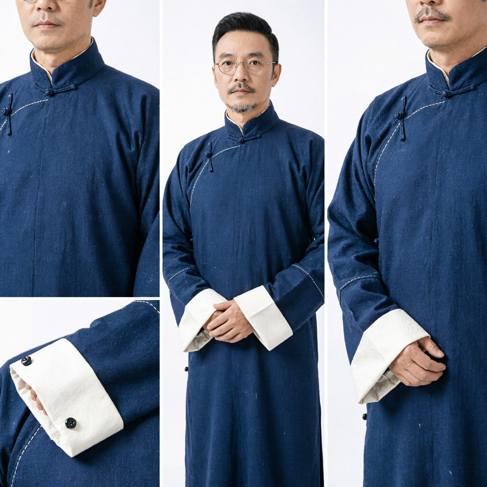 Traditional Chinese Men's Changshan Robe Navy Blue Tang Suit Republic of China Scholar Stage Performance Costume - Asian Costume