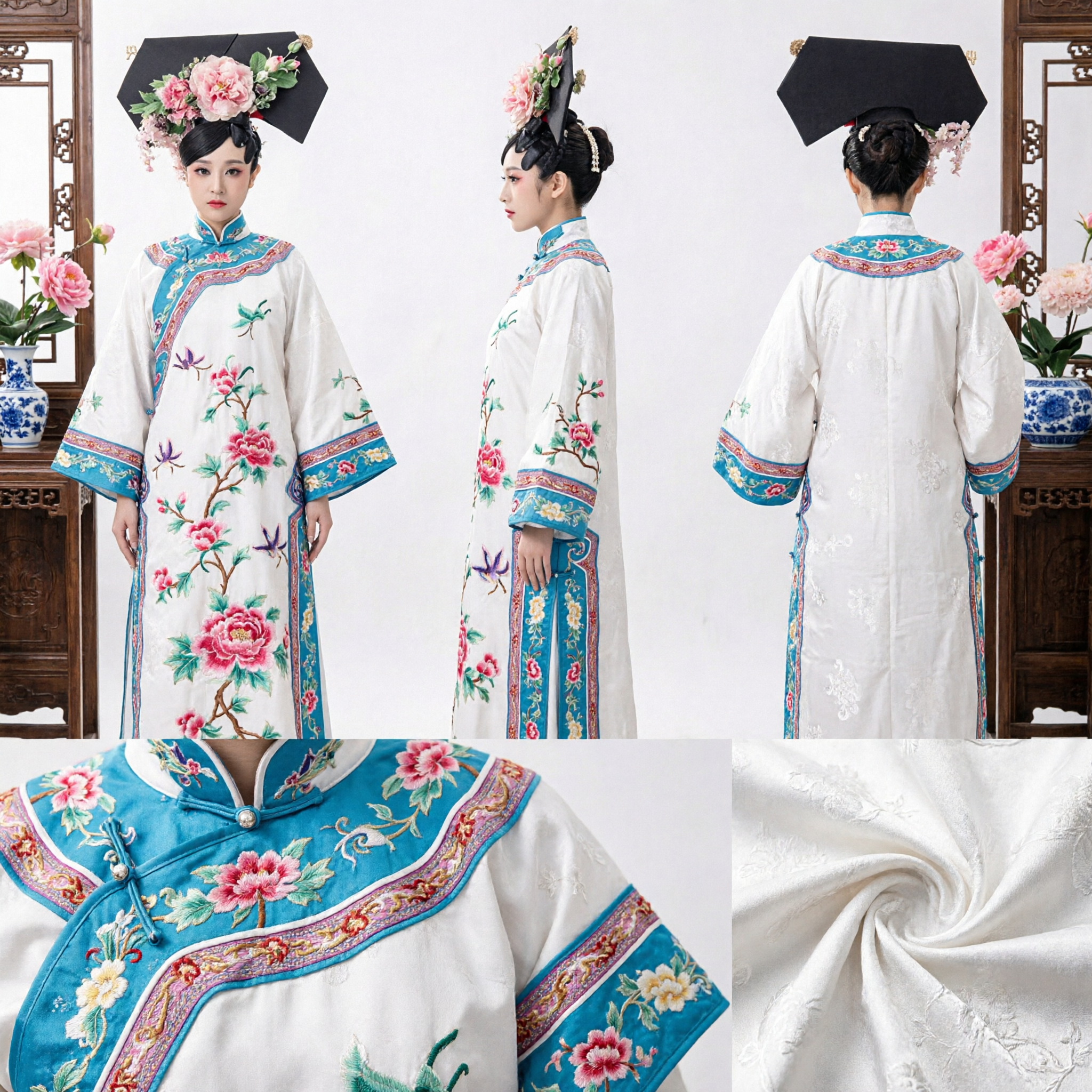 Ancient Chinese Qing Dynasty Empress Costume White Floral Embroidered Robe and Headdress Set for Women Cosplay - Asian Costume