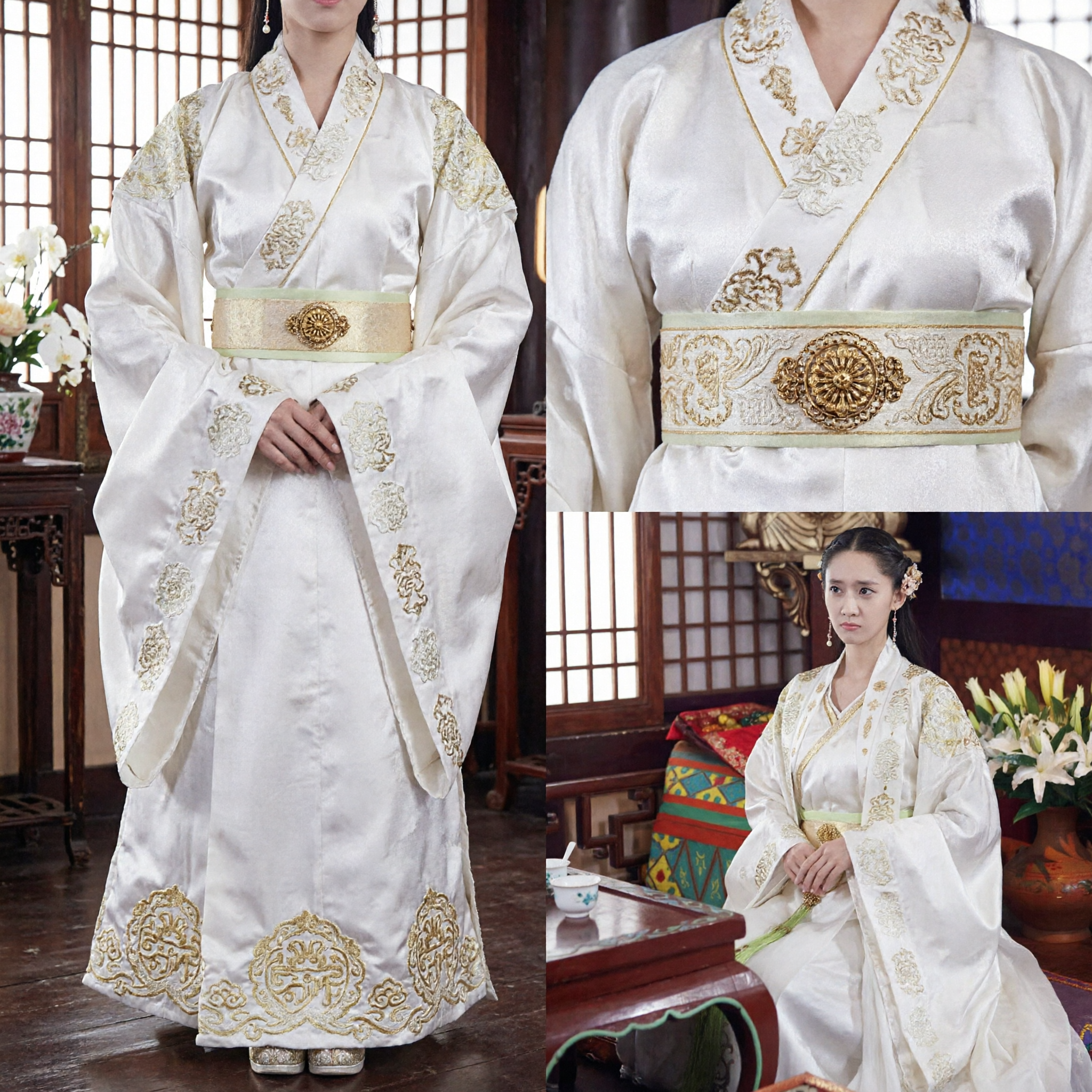 Ancient Chinese Palace Lady White Hanfu Costume Gold Embroidery Traditional Noble Dress for Women - Asian Costume