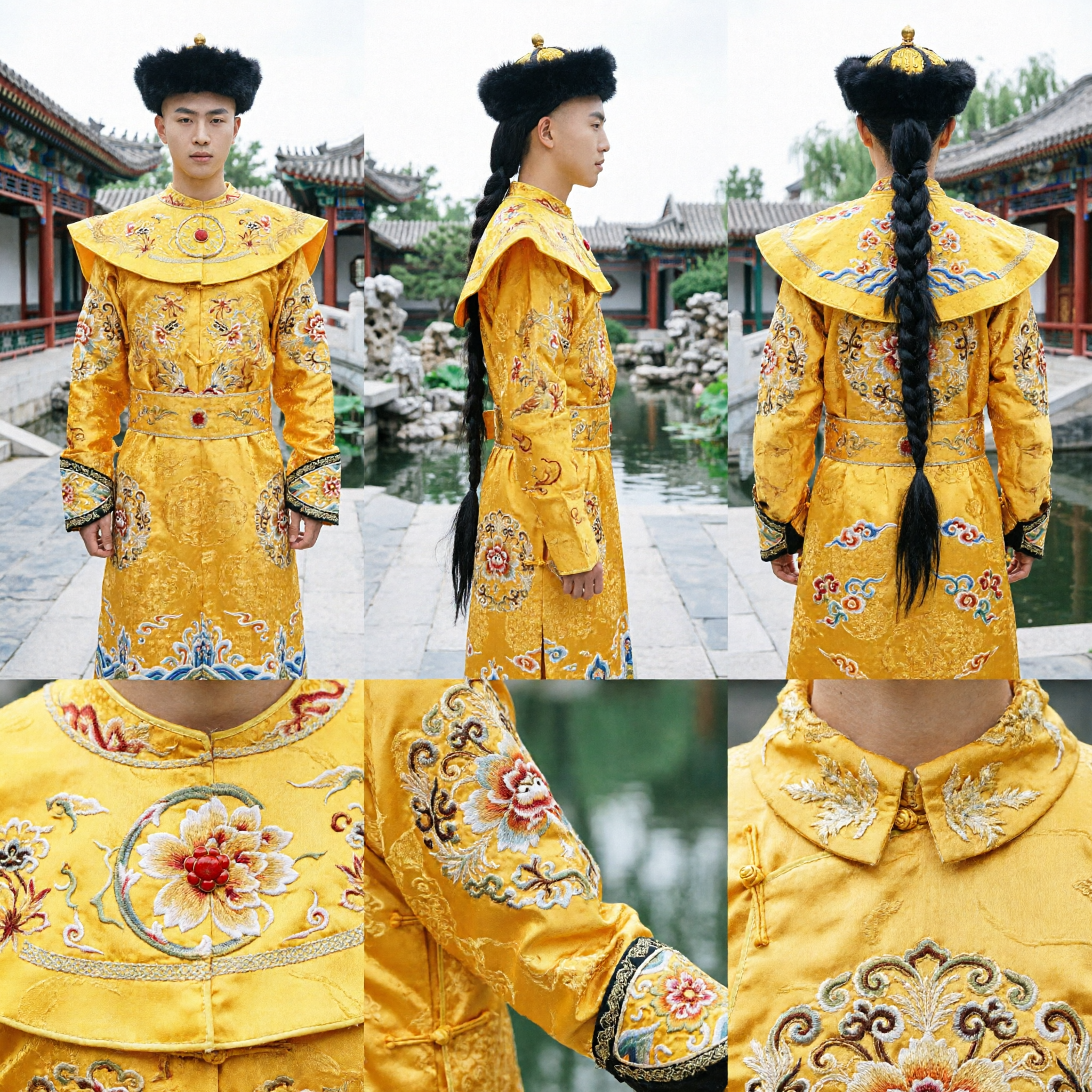 Traditional Chinese Qing Dynasty Emperor Yellow Dragon Robe Costume with Fur Hat for Men Historical Cosplay - Asian Costume