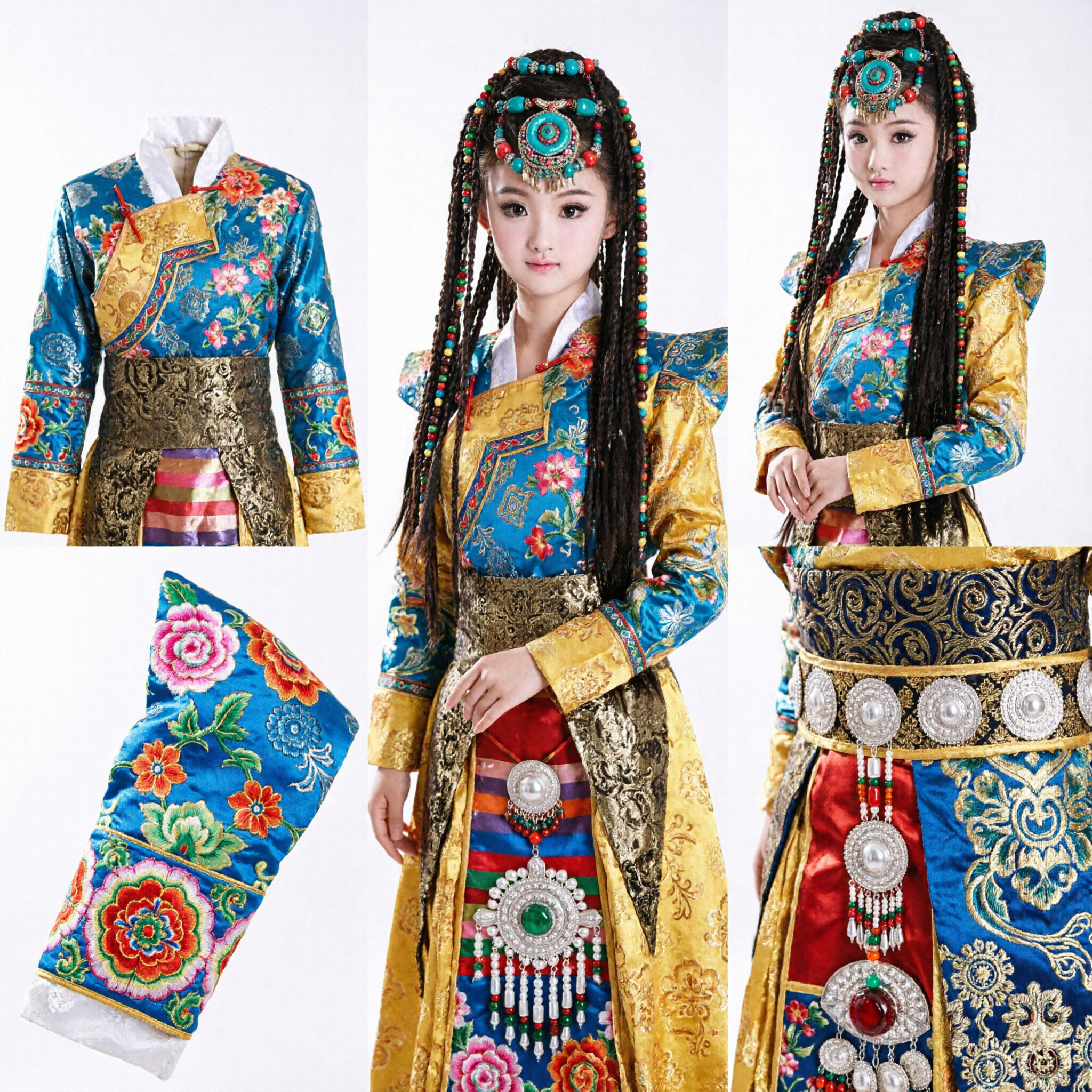 Traditional Tibetan Dance Costume for Girls Kids Ethnic Minority Performance Dress with Beaded Headpiece - Asian Costume