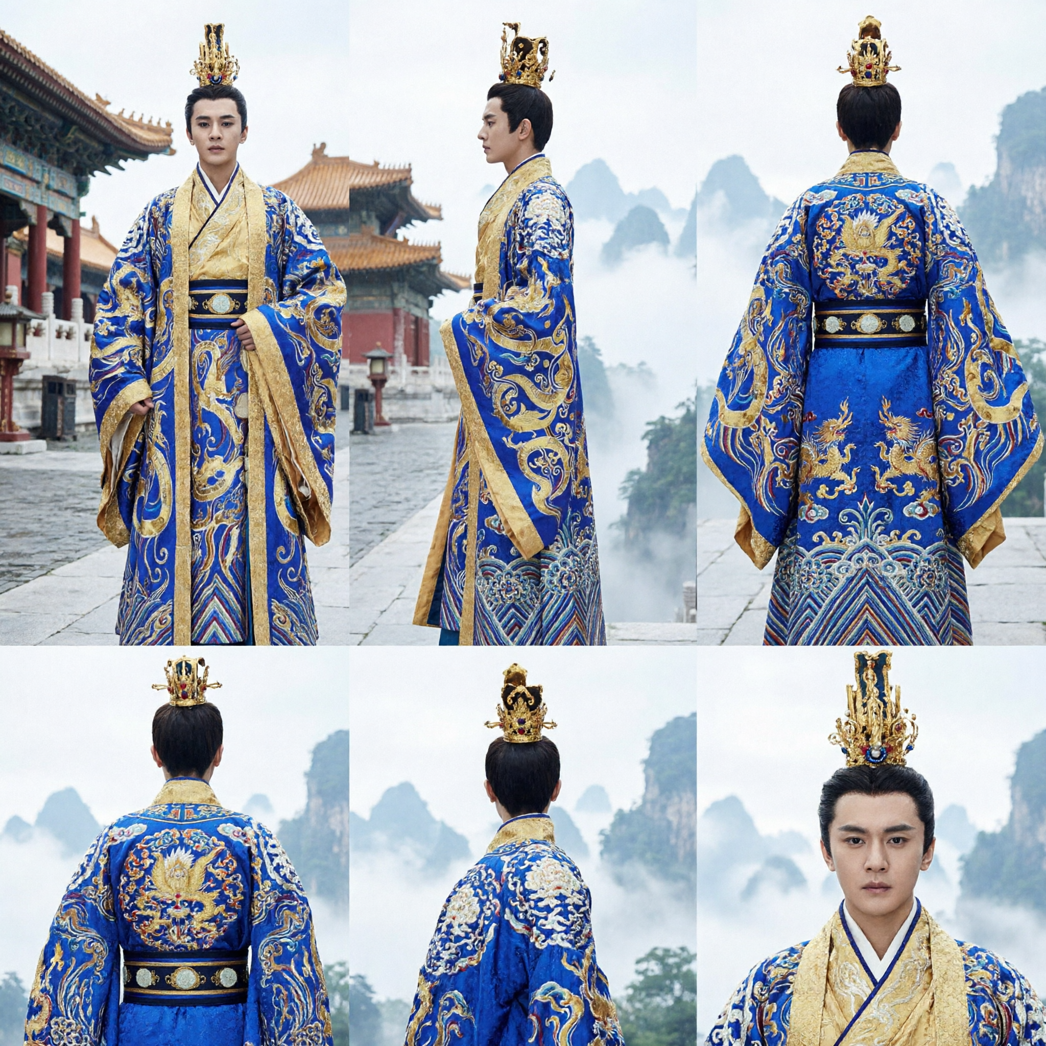 Ancient Chinese Blue and Gold Embroidered Imperial Prince Hanfu Robe Traditional Costume for Men Cosplay - Asian Costume