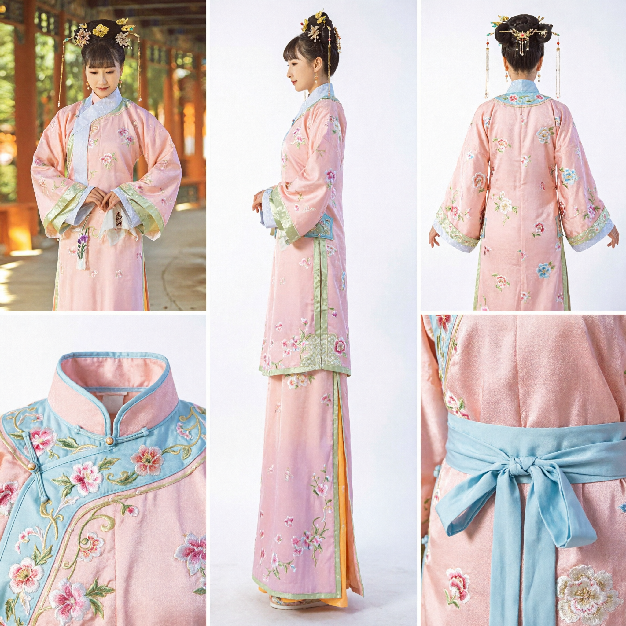 Traditional Chinese Qing Dynasty Manchu Princess Costume Pink Embroidered Robe Ancient Hanfu for Women - Asian Costume