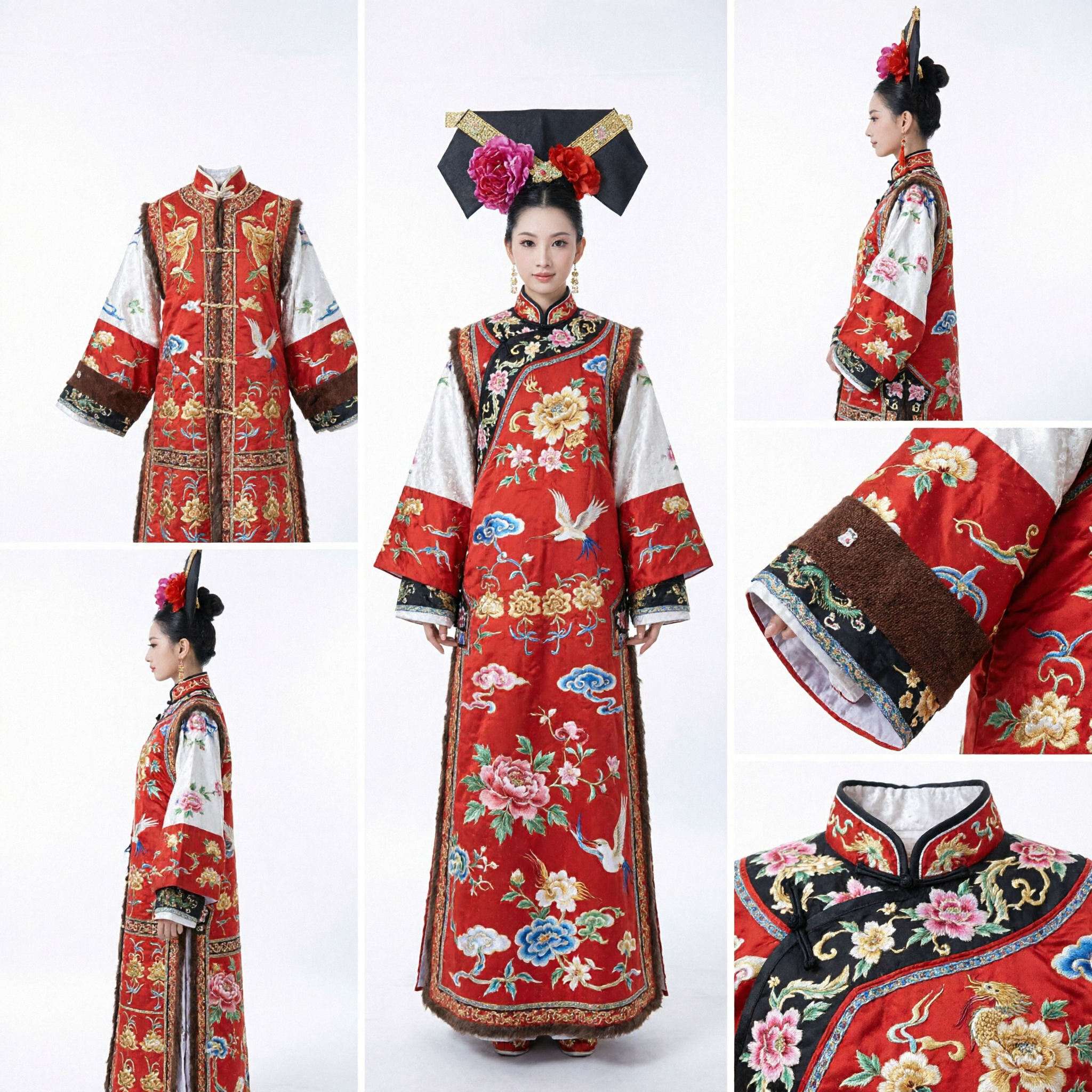Women's Ancient Chinese Qing Dynasty Palace Lady Red Embroidered Robe Manchu Costume for Cosplay and Performance - Asian Costume