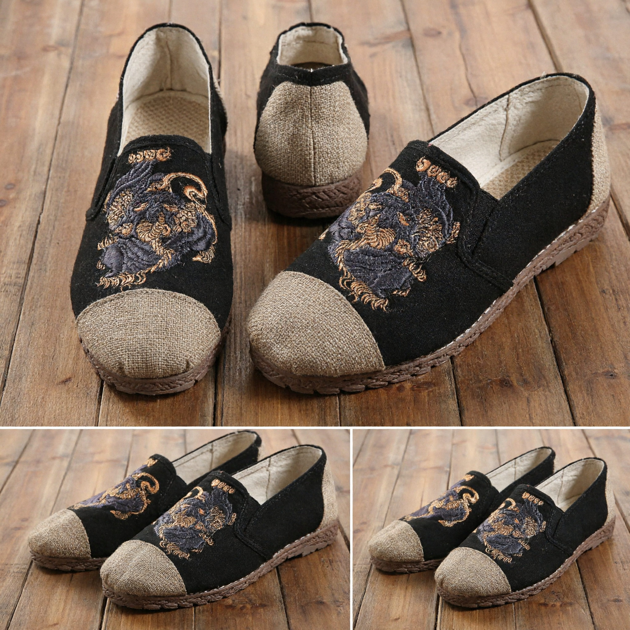 Men's Traditional Chinese Kung Fu Shoes Black Dragon Embroidery Cloth Loafers Tai Chi Casual Slippers - Asian Costume