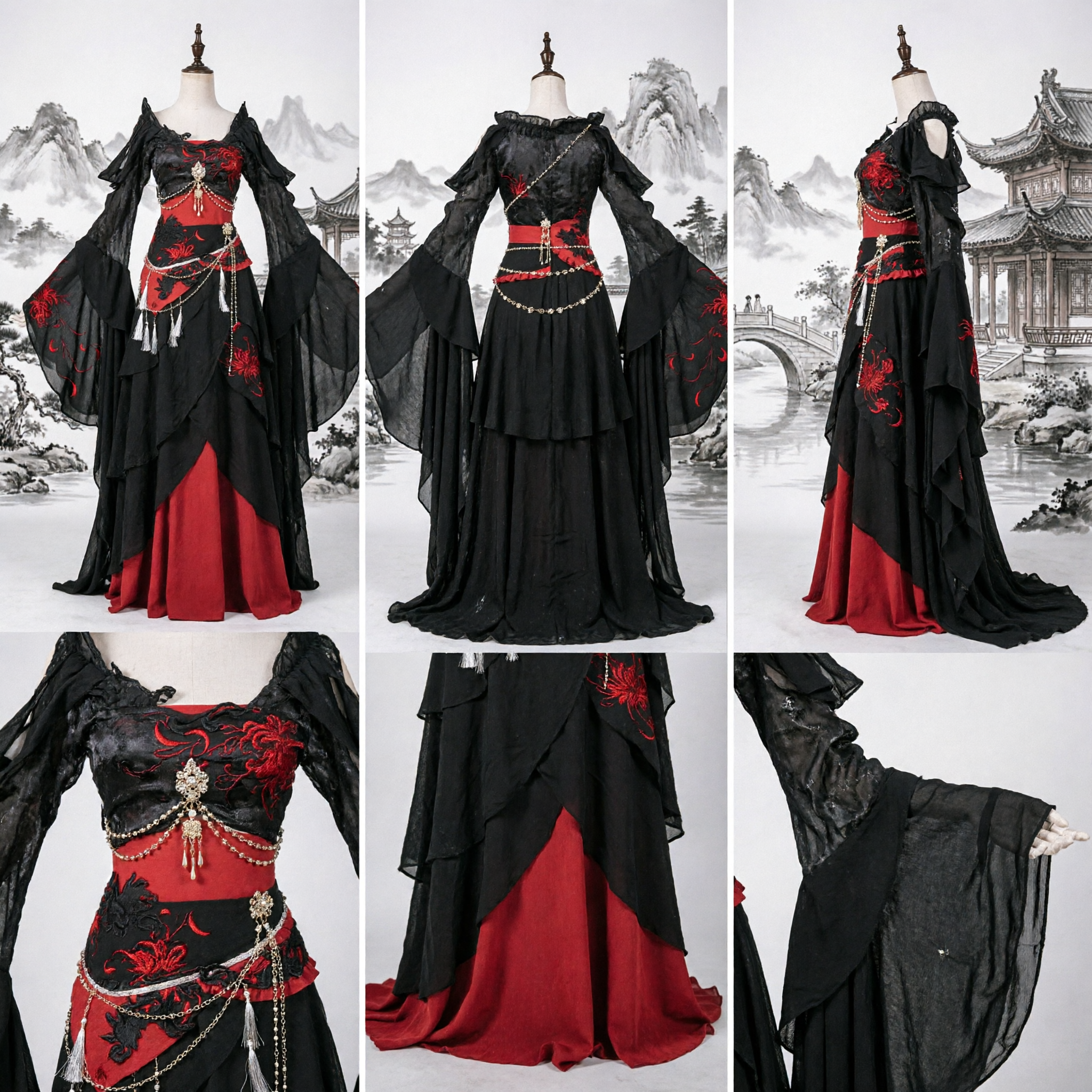 Black and Red Embroidery Hanfu Chinese Ancient Costume Wuxia Fantasy Cosplay Dress for Women - Asian Costume