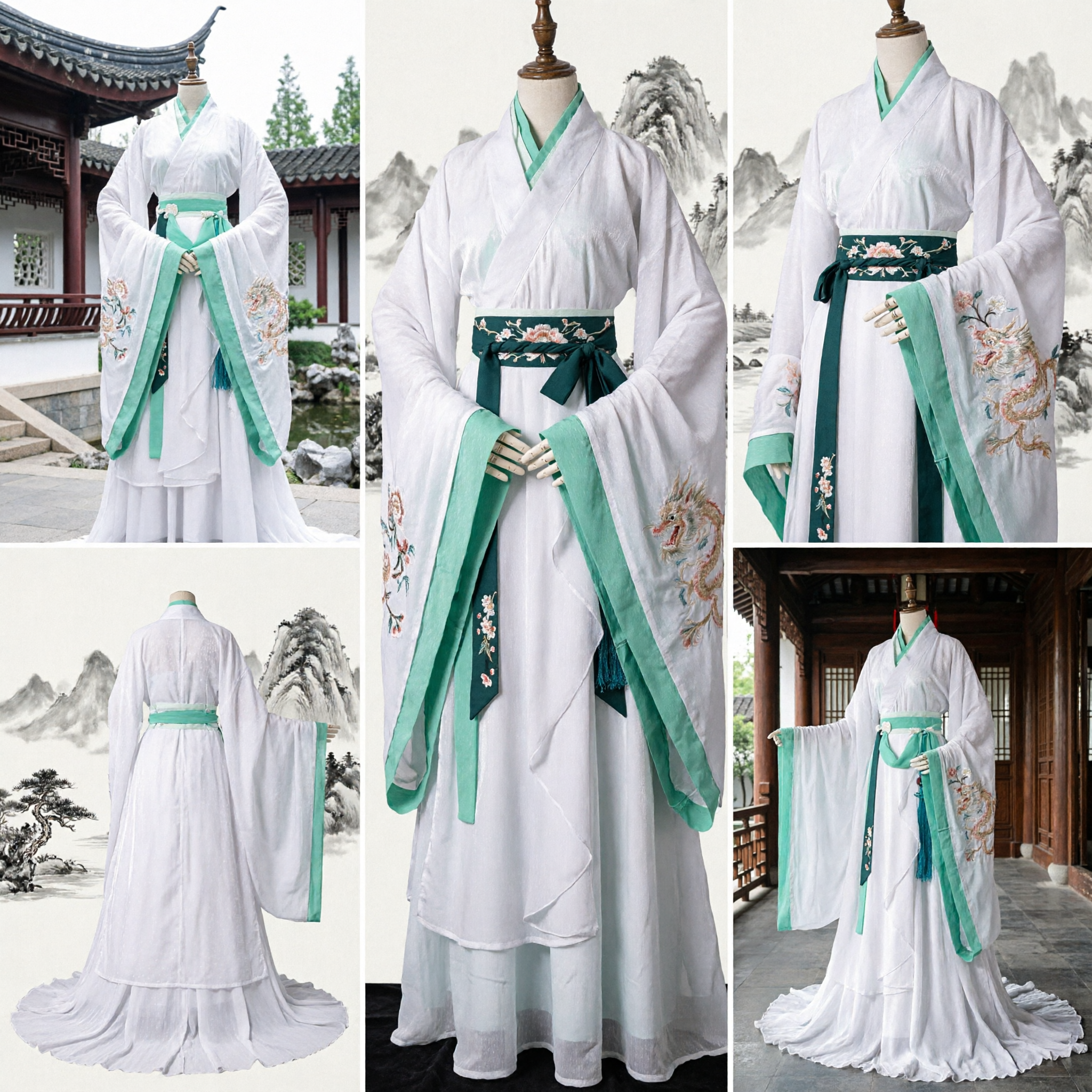 Traditional Chinese Hanfu Costume White Green Embroidered Ancient Fairy Dress for Women Cosplay - Asian Costume
