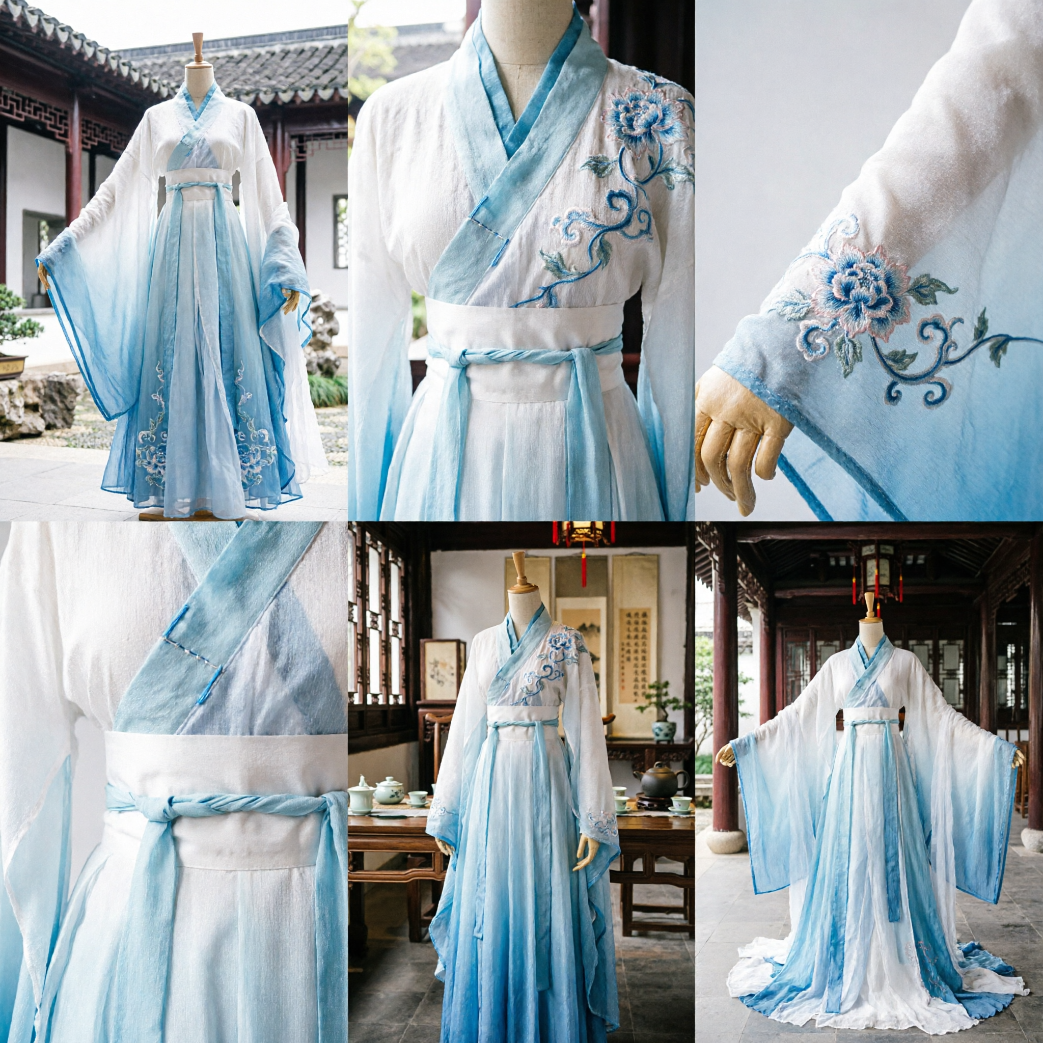 Traditional Chinese Hanfu Ancient Scholar Costume White and Blue Flowing Robe for Men Cosplay Performance - Asian Costume