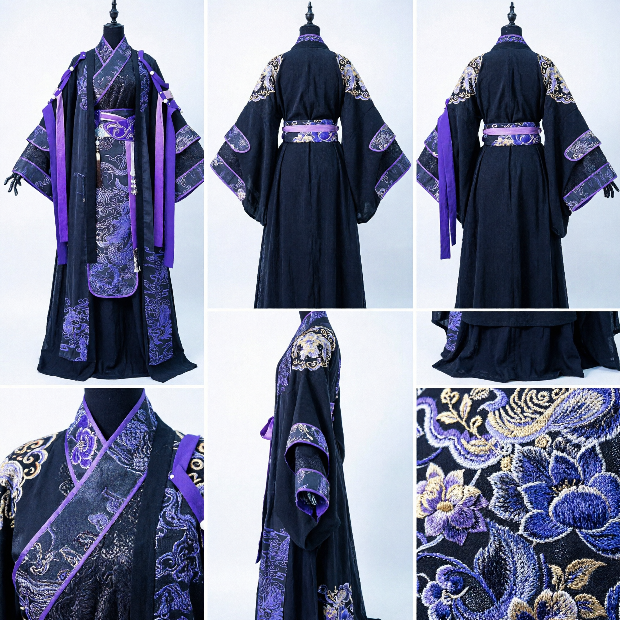 Ancient Chinese Hanfu Costume Men Dark Blue and Purple Dragon Embroidered Robe Traditional Cosplay Outfit - Asian Costume