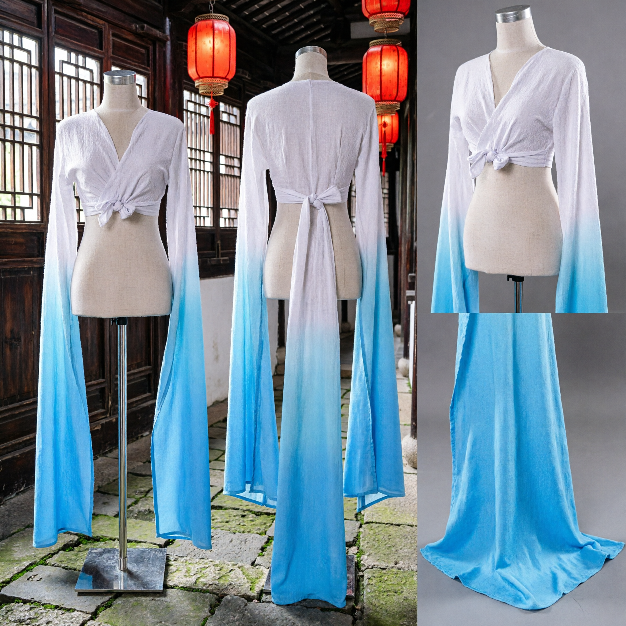 Chinese Classical Dance Costume White to Blue Gradient Long Water Sleeves Shrug Hanfu Top - Asian Costume