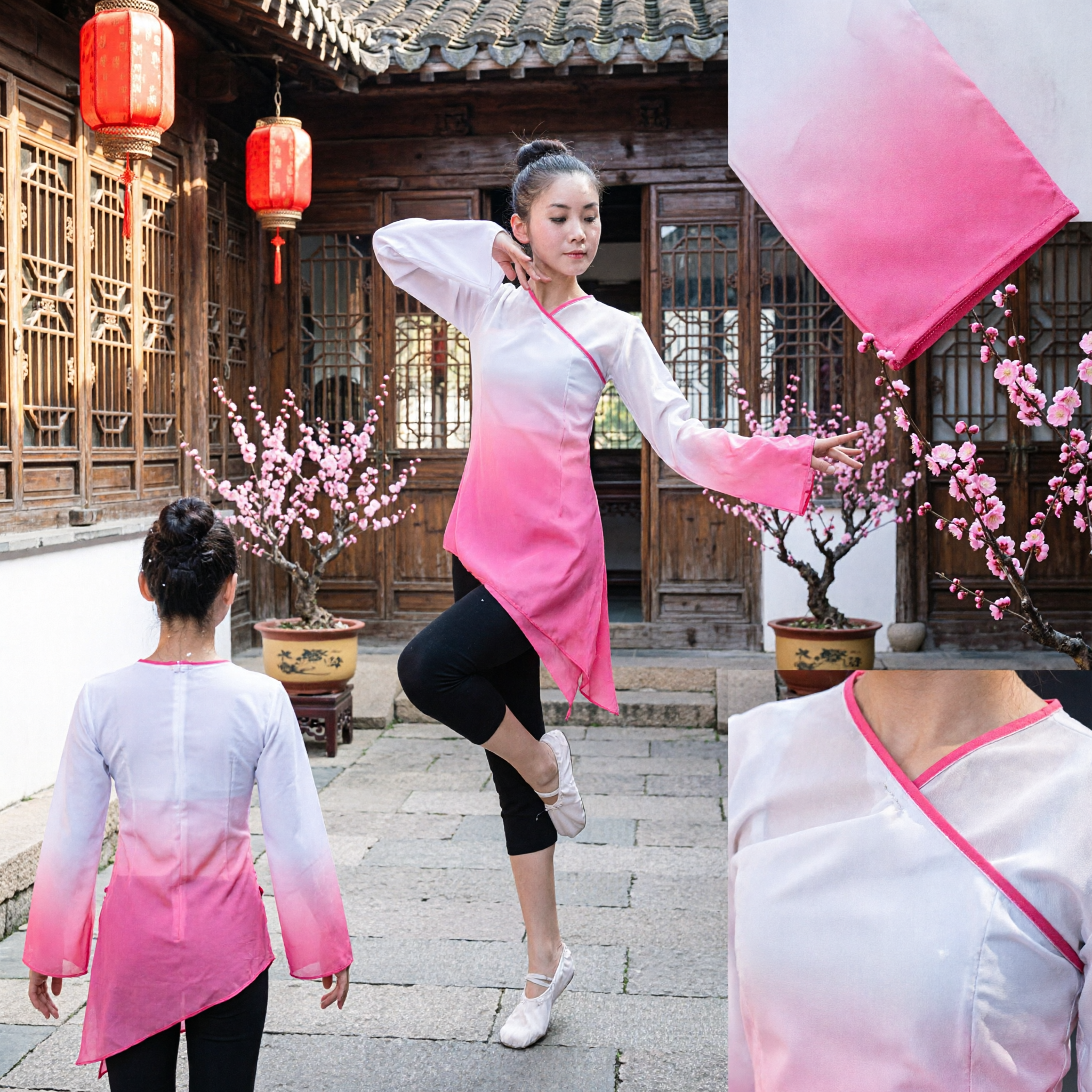 Women's Pink Gradient Chinese Classical Dance Costume Long Sleeve Folk Dance Stage Performance Outfit - Asian Costume