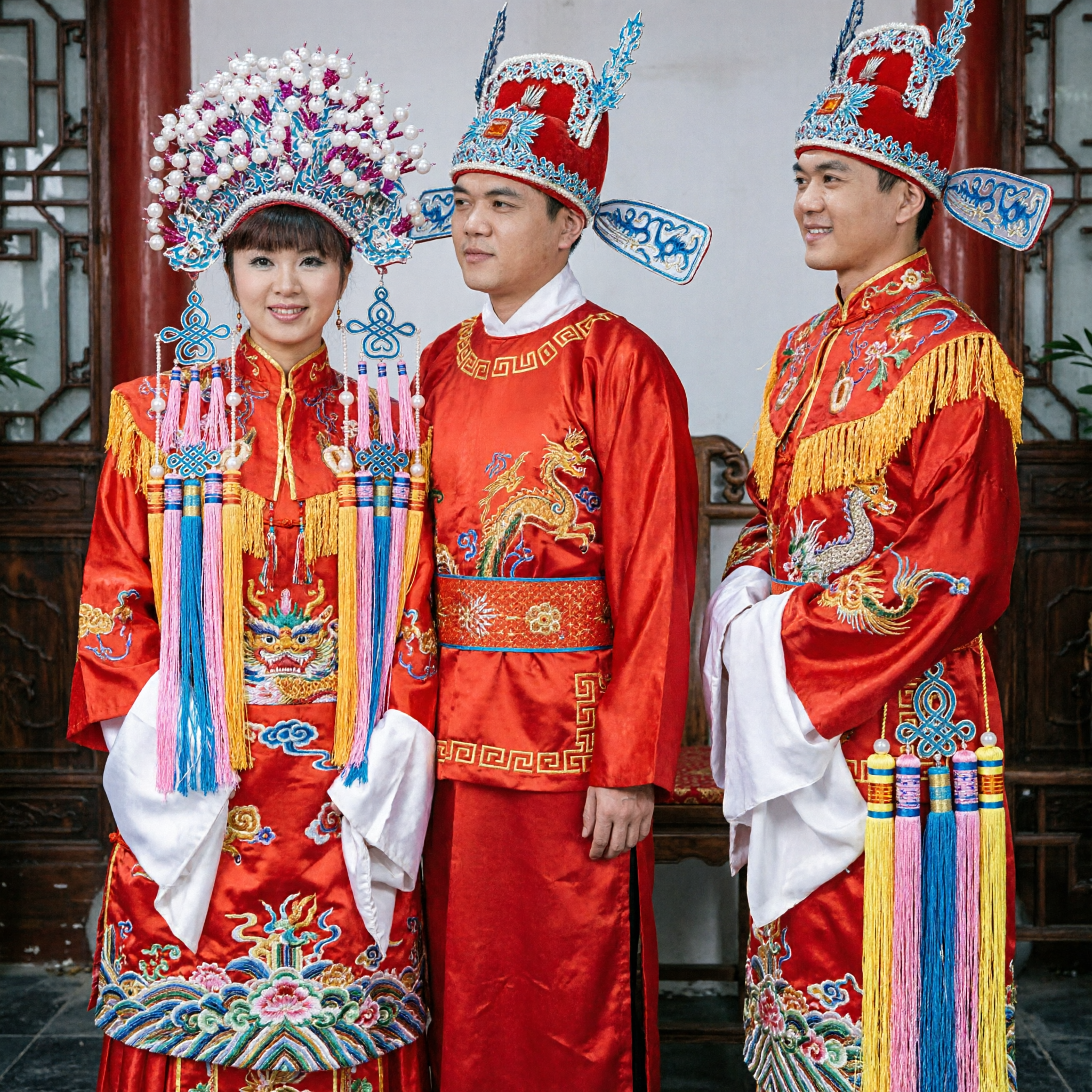 Traditional Chinese Wedding Costume Set for Bride and Groom Ancient Red Robes with Elaborate Headwear for Ceremony - Asian Costume