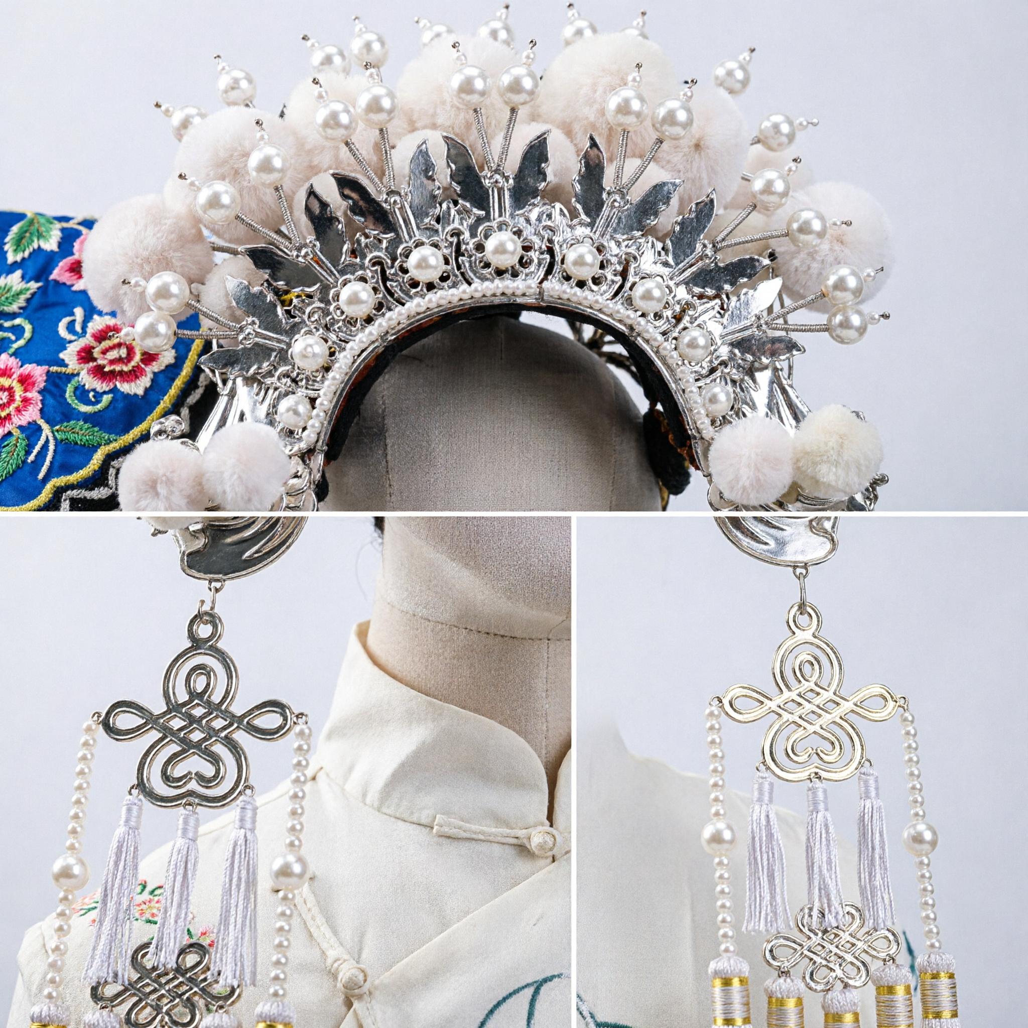 Traditional Chinese Peking Opera Phoenix Crown White Pom-pom Pearl Headdress for Ancient Costume and Stage Performance - Asian Costume