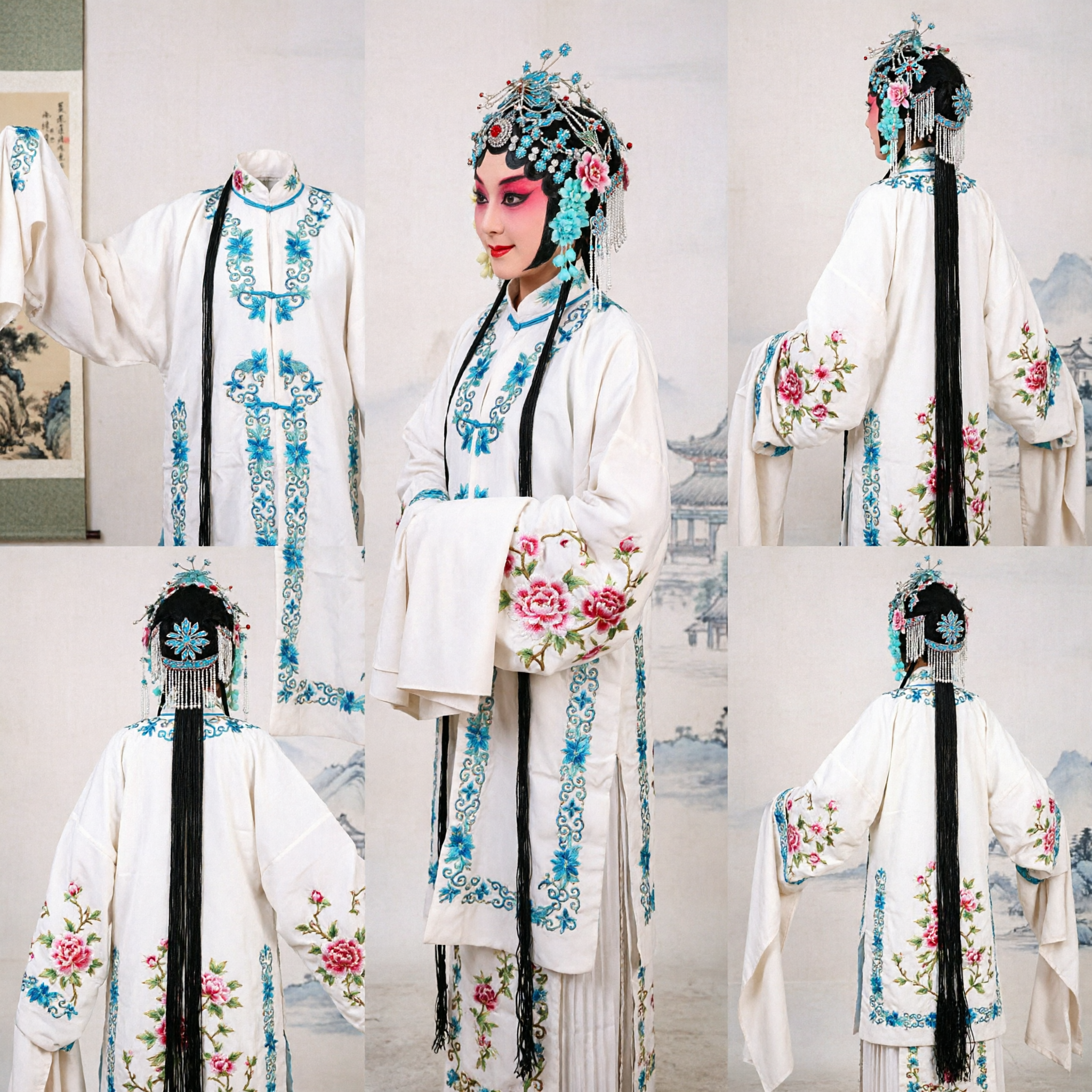 Traditional Chinese Peking Opera Dan Role Costume White Robe with Blue Embroidery Water Sleeves and Complete Headpiece - Asian Costume