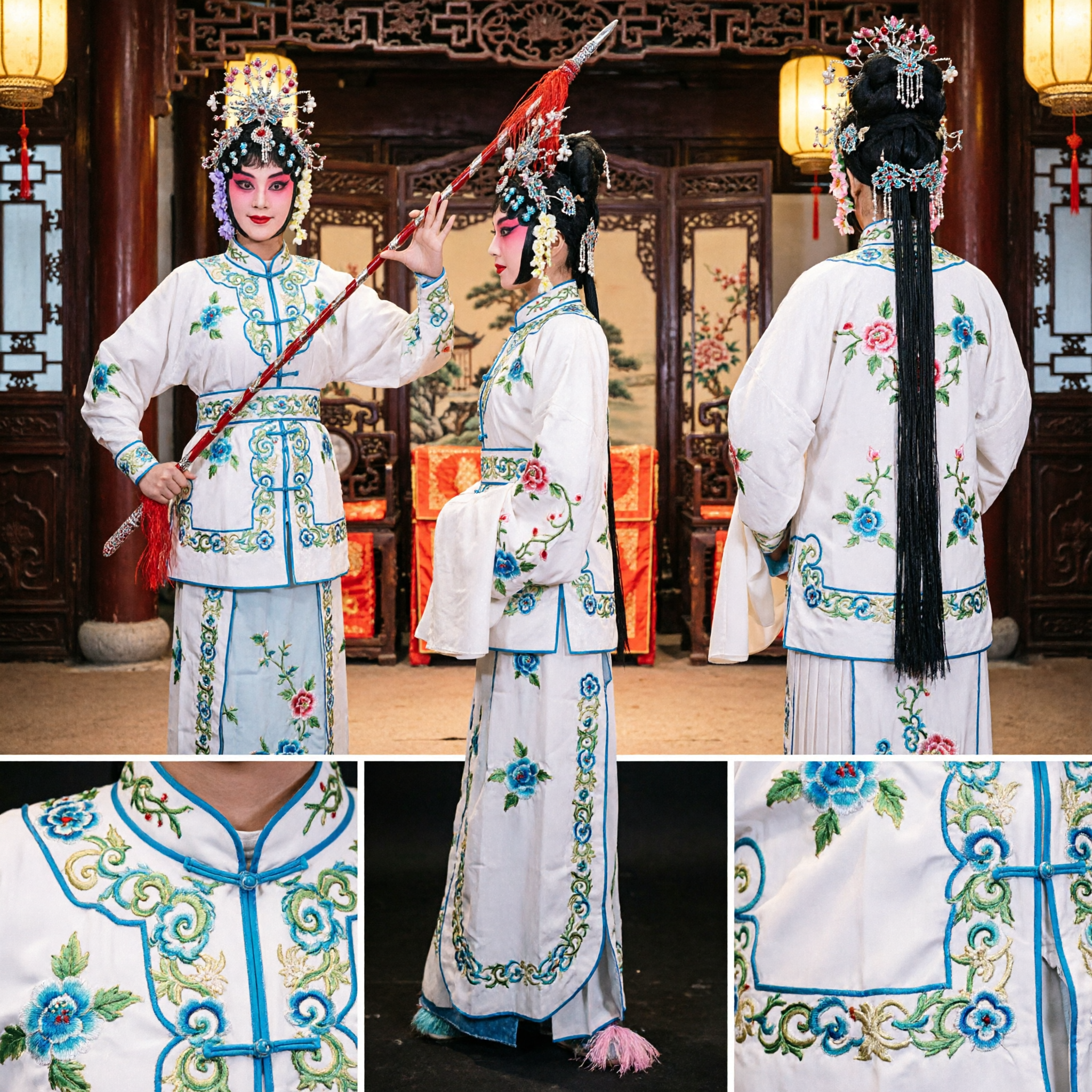 Traditional Chinese Peking Opera Costume White Embroidered Warrior Dress with Headdress and Spear for Women Stage Performance - Asian Costume