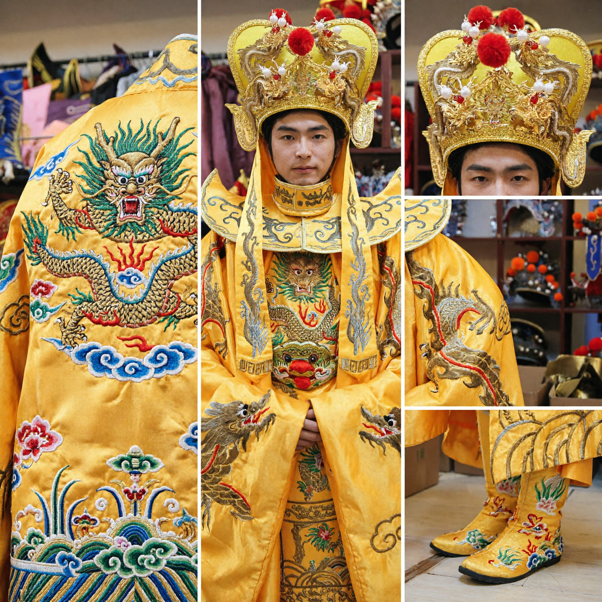 Traditional Chinese Emperor Dragon Robe Costume Men God of Wealth Caishen Outfit for Festival Performance - Asian Costume