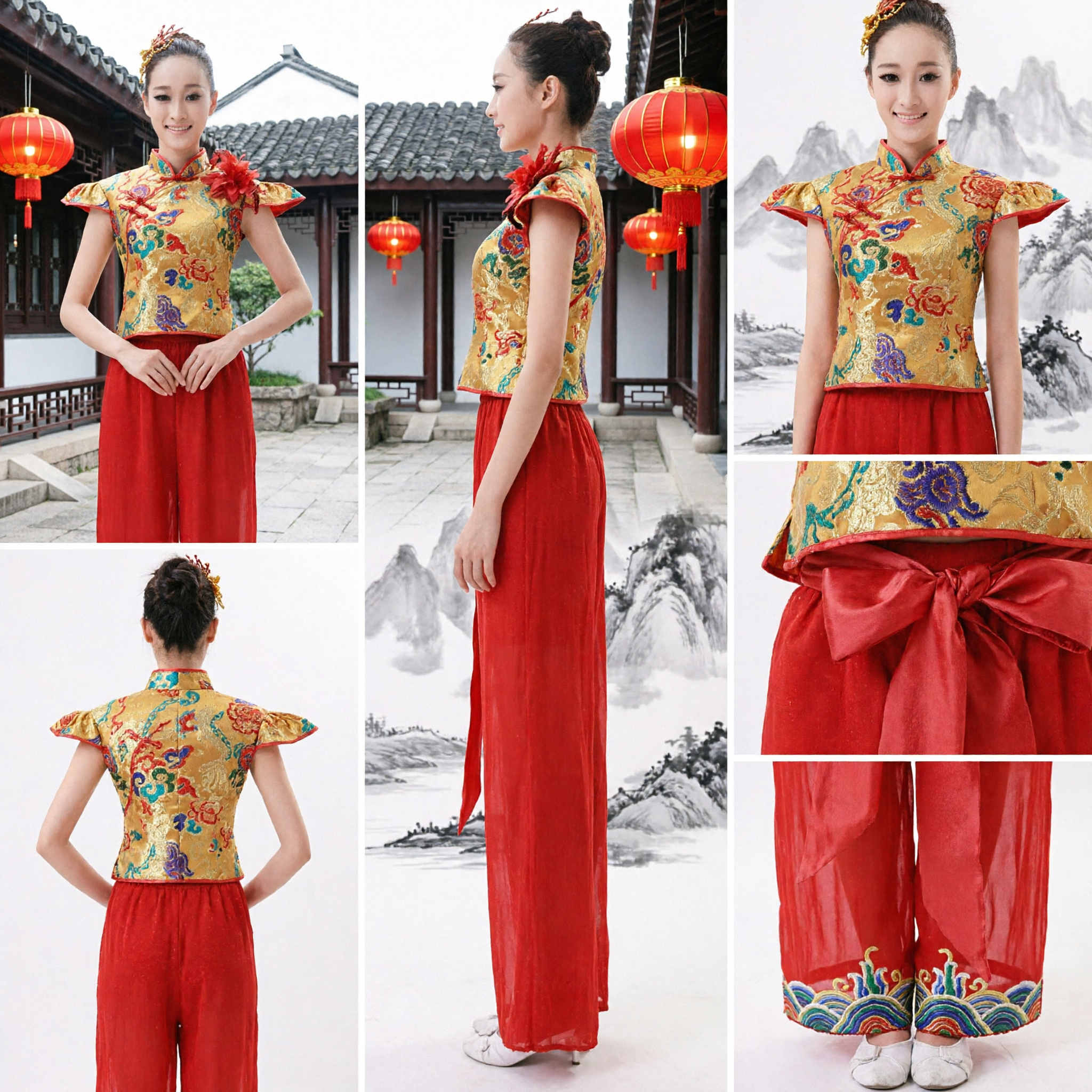 Women's Traditional Chinese Folk Dance Costume Yellow Floral Top Red Pants Yangge Fan Dance Performance Outfit - Asian Costume