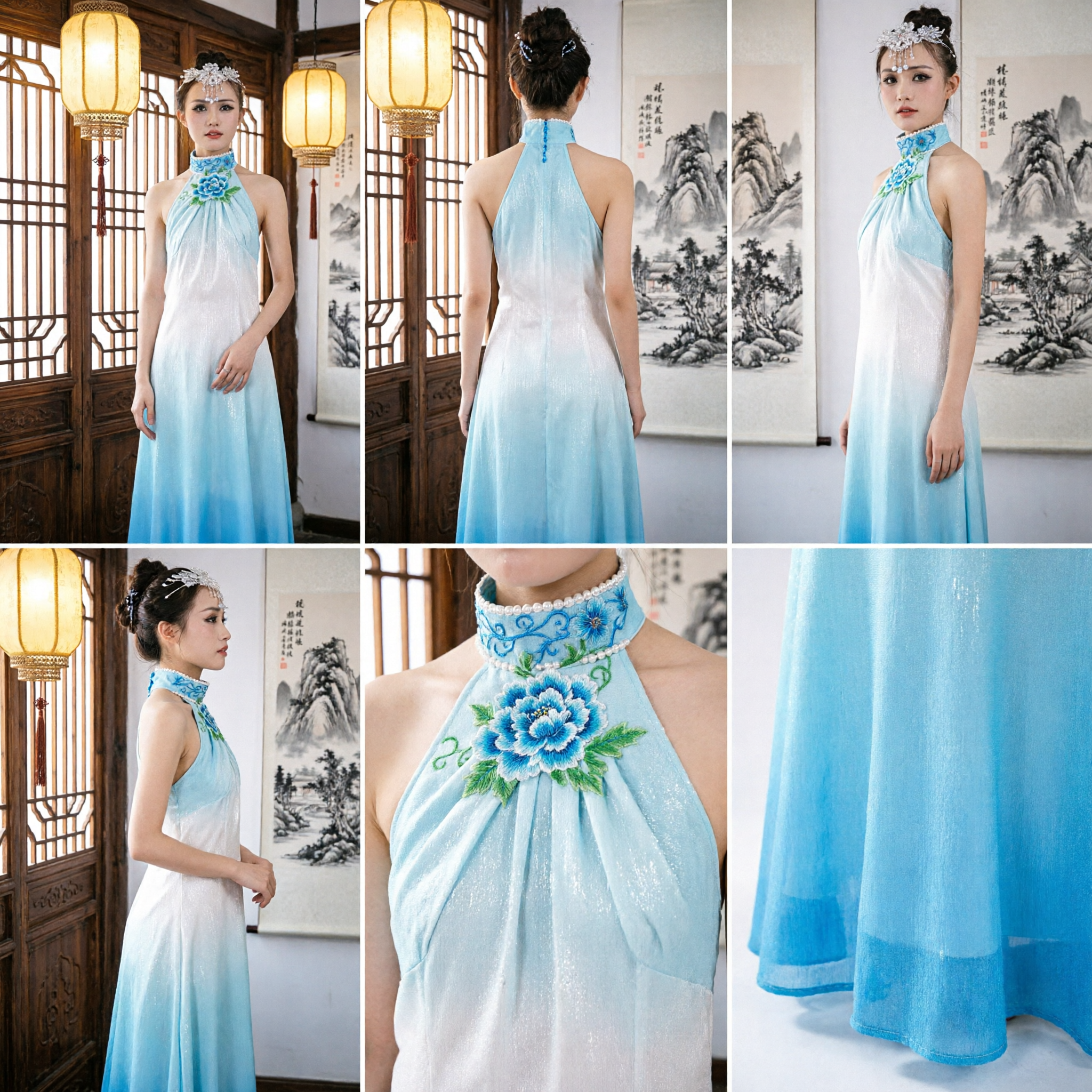 Elegant Women's Blue Gradient Chinese Long Dress Modern Qipao Evening Gown for Stage Performance - Asian Costume